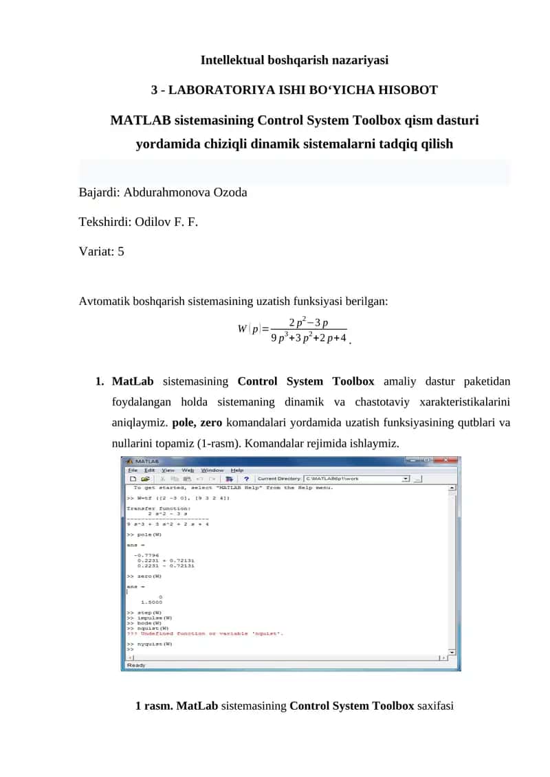 MATLAB sistеmаsining Control System Toolbox