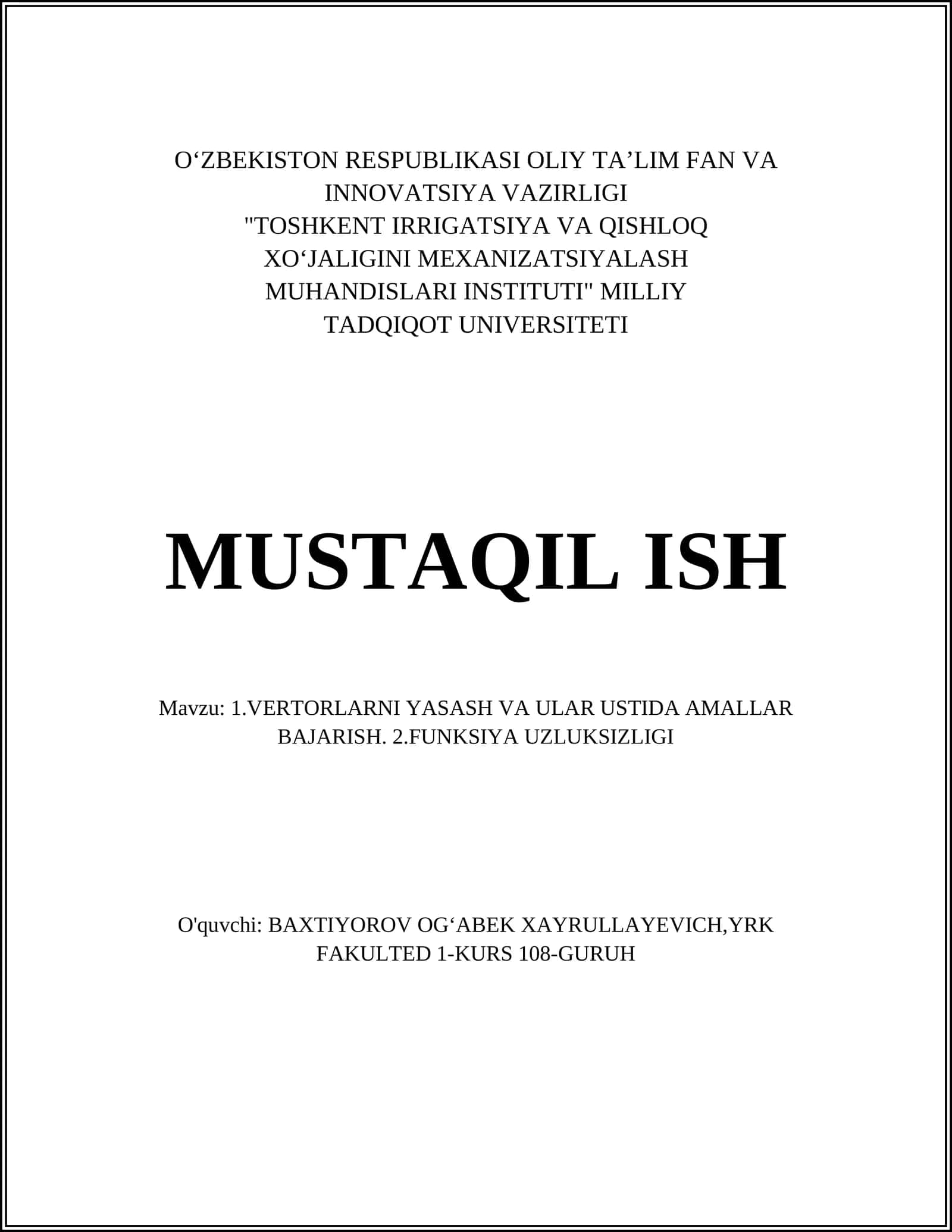 VERTORLARNI YASASH VA ULAR USTIDA AMALLAR BAJARISH