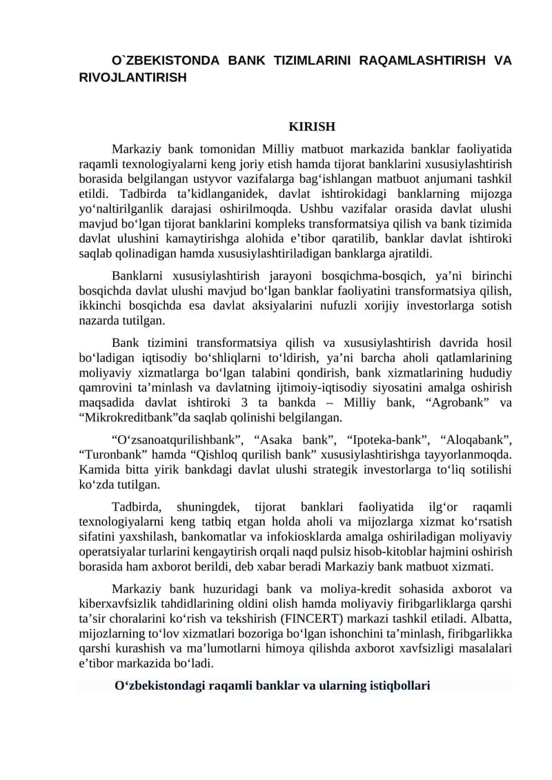 O`ZBEKISTONDA BANK TIZIMLARINI RAQAMLASHTIRISH VA RIVOJLANTIRISH