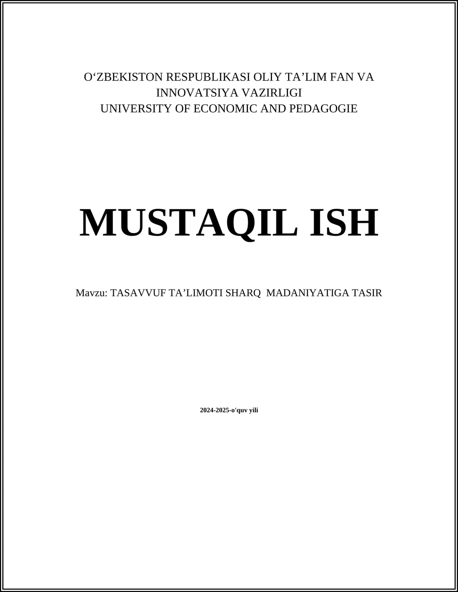 TASAVVUF TAʼLIMOTI SHARQ MADANIYATIGA TASIR