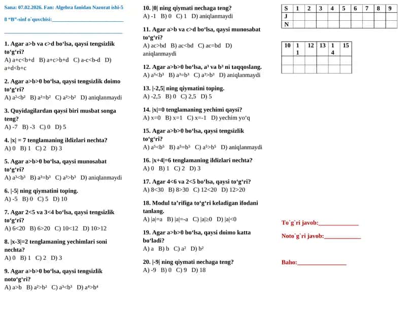 Algebra fanidan Nazorat ishi-5