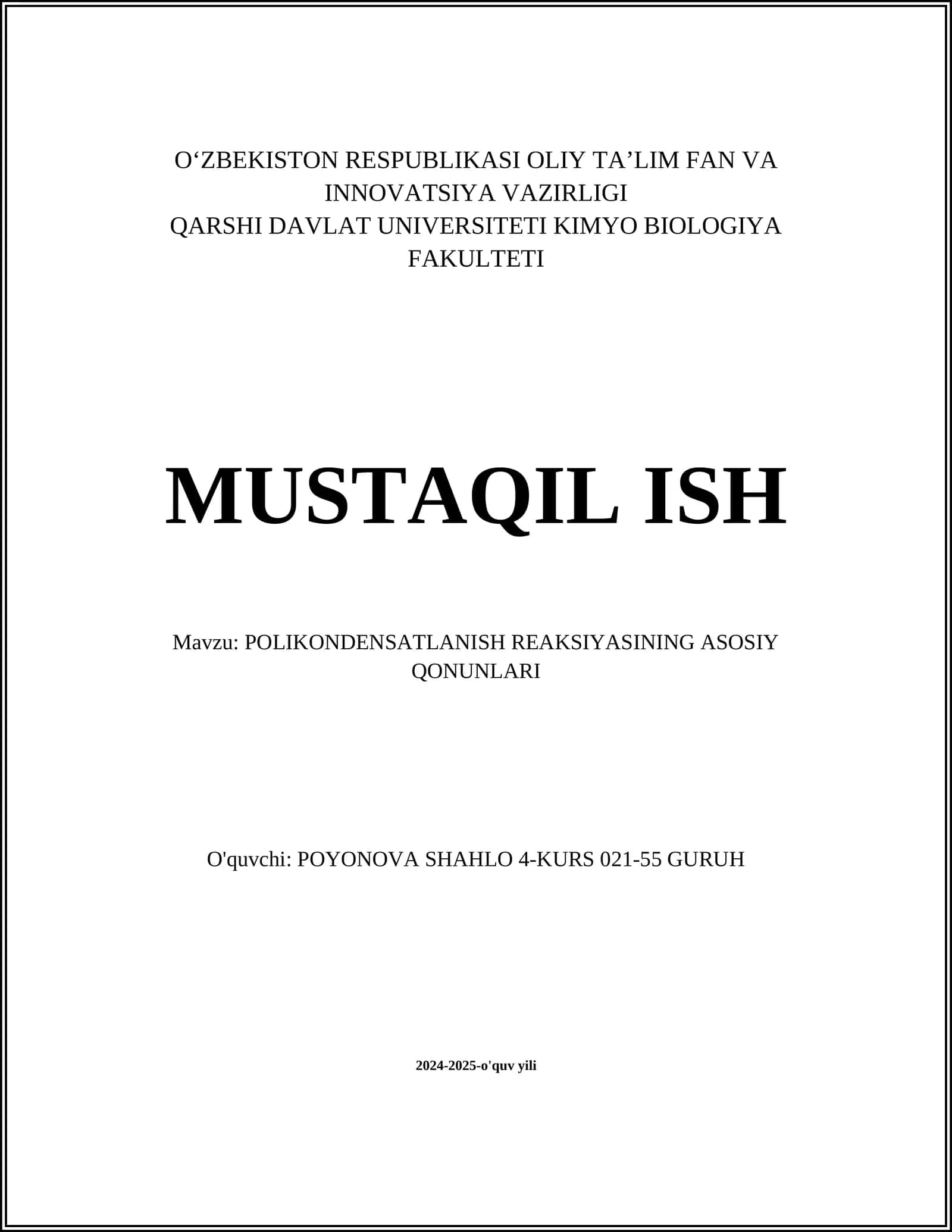 POLIKONDENSATLANISH REAKSIYASINING ASOSIY QONUNLARI