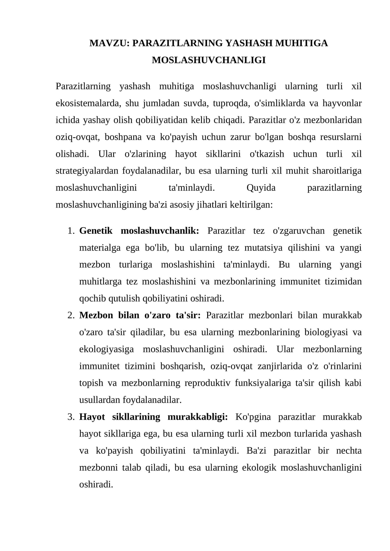 PARAZITLARNING YASHASH MUHITIGA MOSLASHUVCHANLIGI