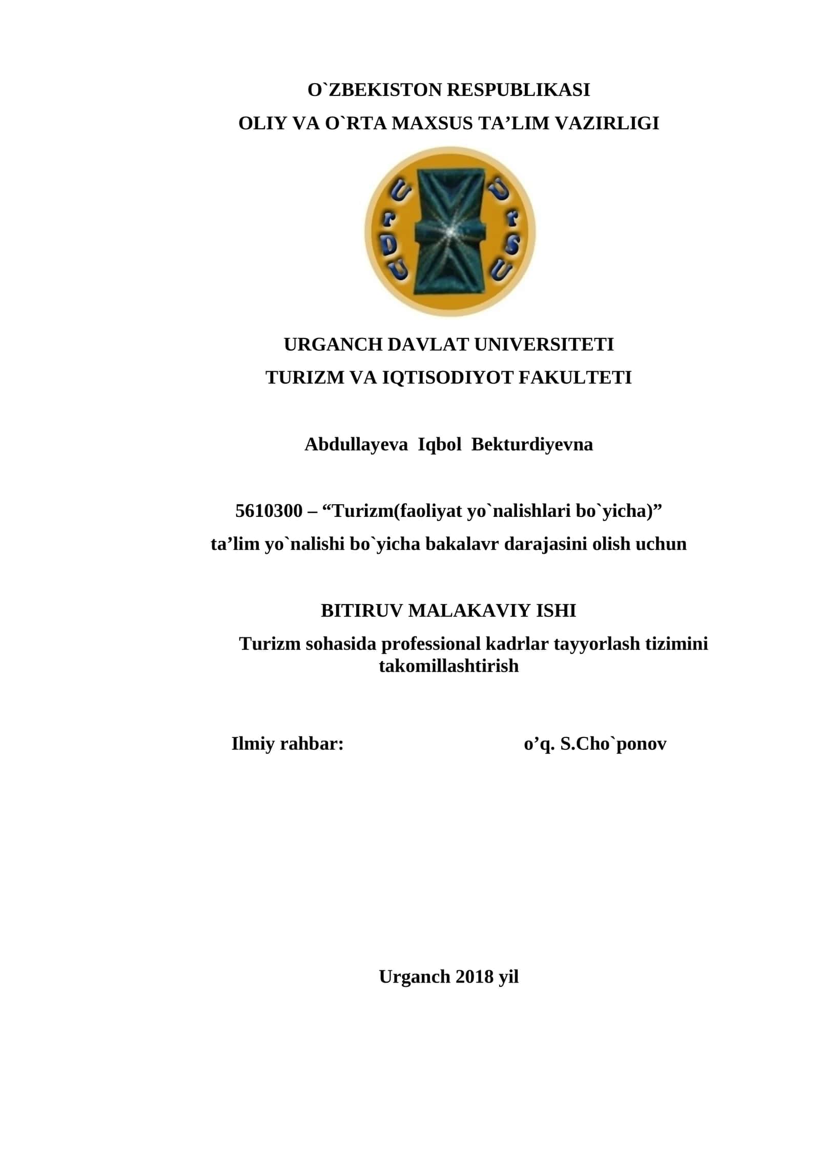 Turizm(faoliyat yo`nalishlari bo`yicha)