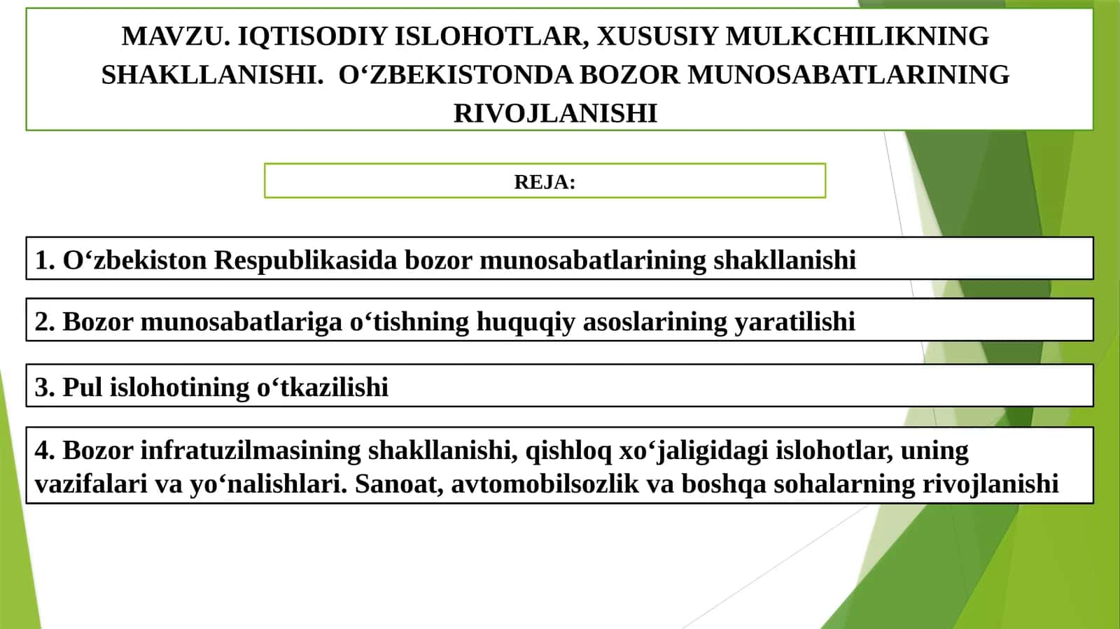IQTISODIY ISLOHOTLAR, XUSUSIY MULKCHILIKNING SHAKLLANISHI. OʻZBEKISTONDA Bi