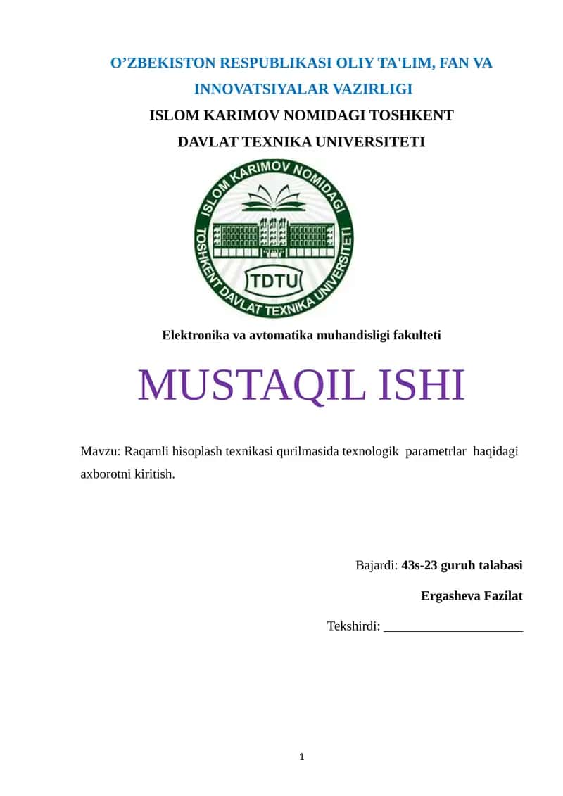 Raqamli hisoplash texnikasi qurilmasida texnologik parametrlar haqidagi axborotni kiritish
