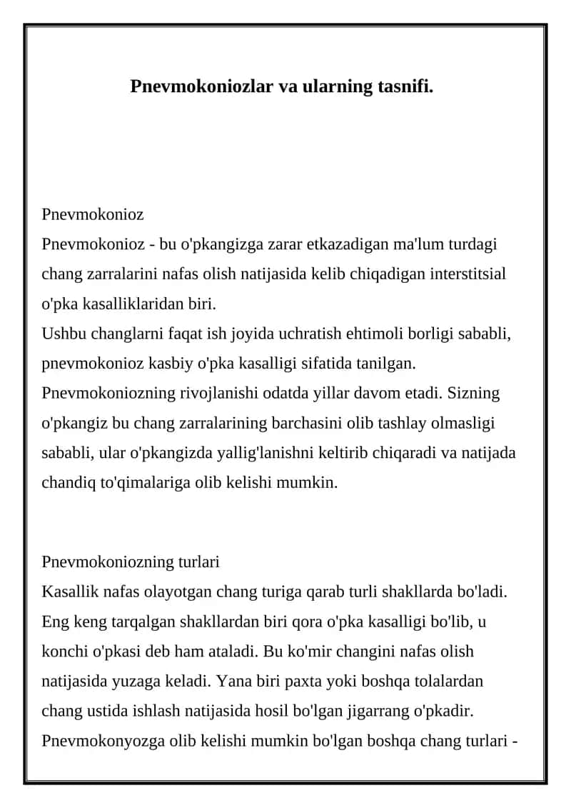 Pnevmokoniozlar va ularning tasnifi