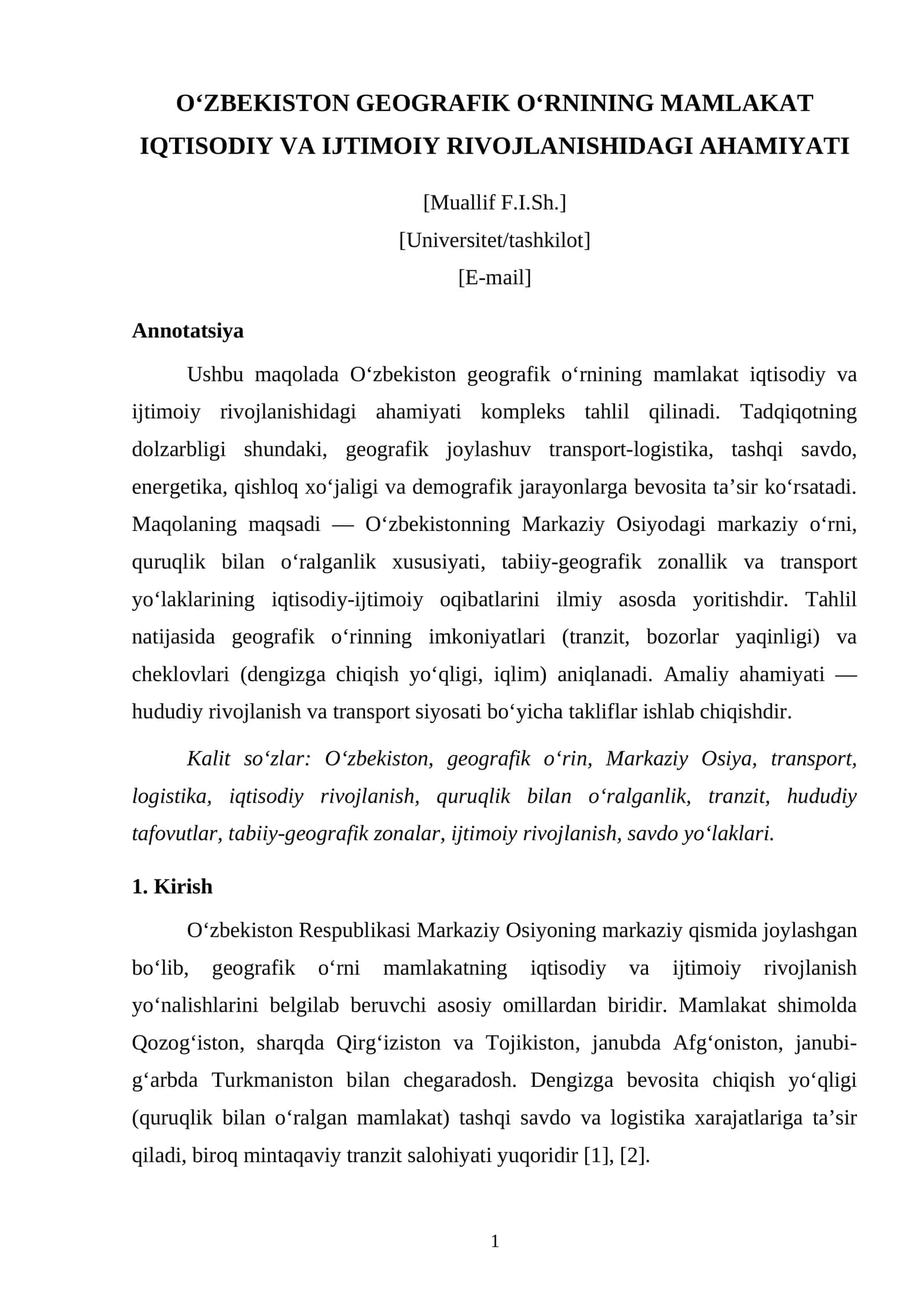 O‘ZBEKISTON GEOGRAFIK O‘RNINING MAMLAKAT IQTISODIY VA IJTIMOIY RIVOJLANISHIDAGI AHAMIYATI