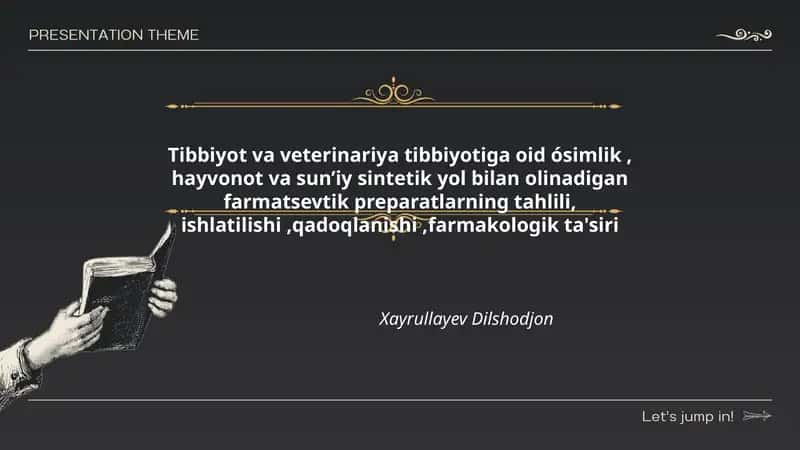 Tibbiyot va veterinariya tibbiyotiga oid ósimlik, hayvonot va sun’iy sintetik yol bilan olinadigan farmatsevtik preparatlarning tahlili, ishlatilishi,qadoqlanishi,farmakologik ta'siri