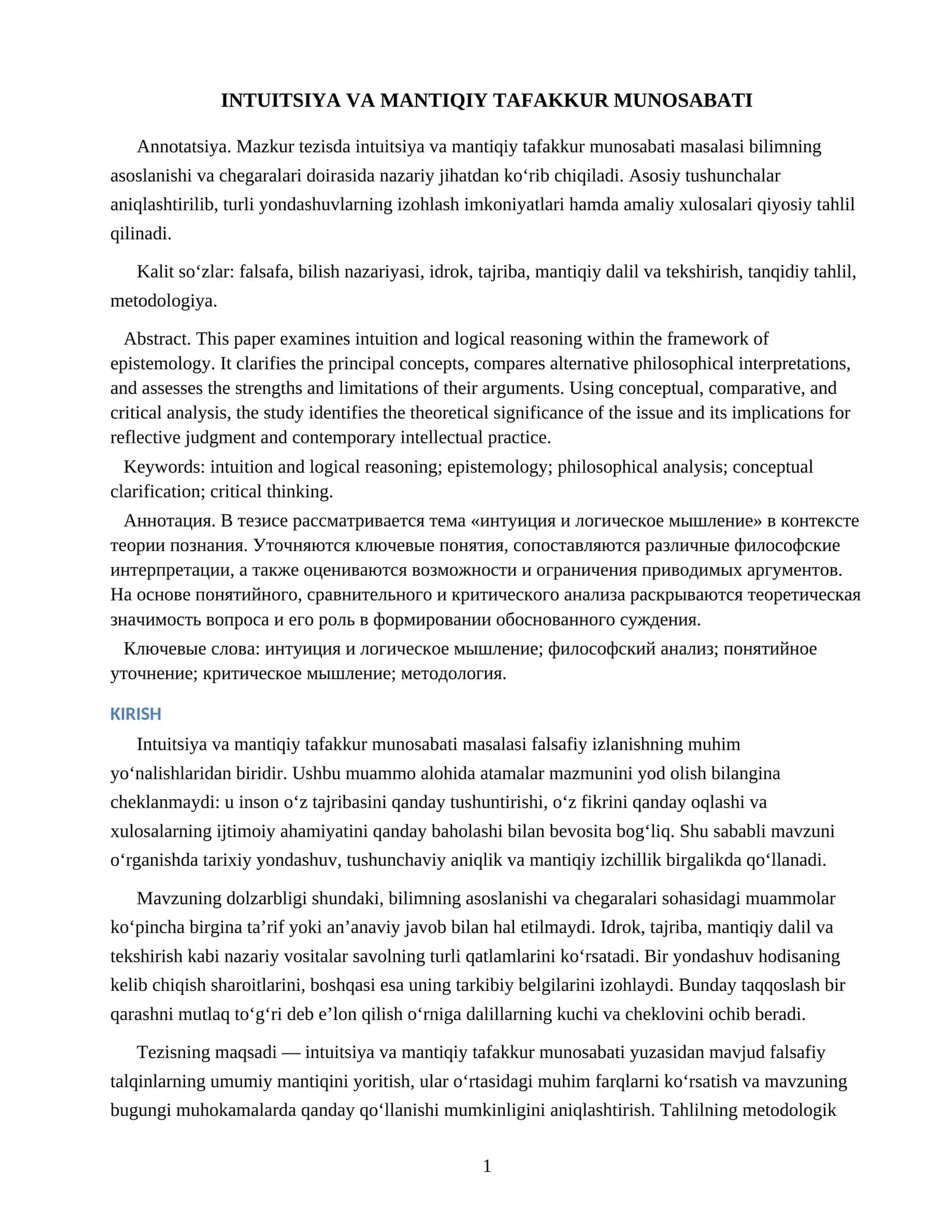INTUITSIYA VA MANTIQIY TAFAKKUR MUNOSABATI