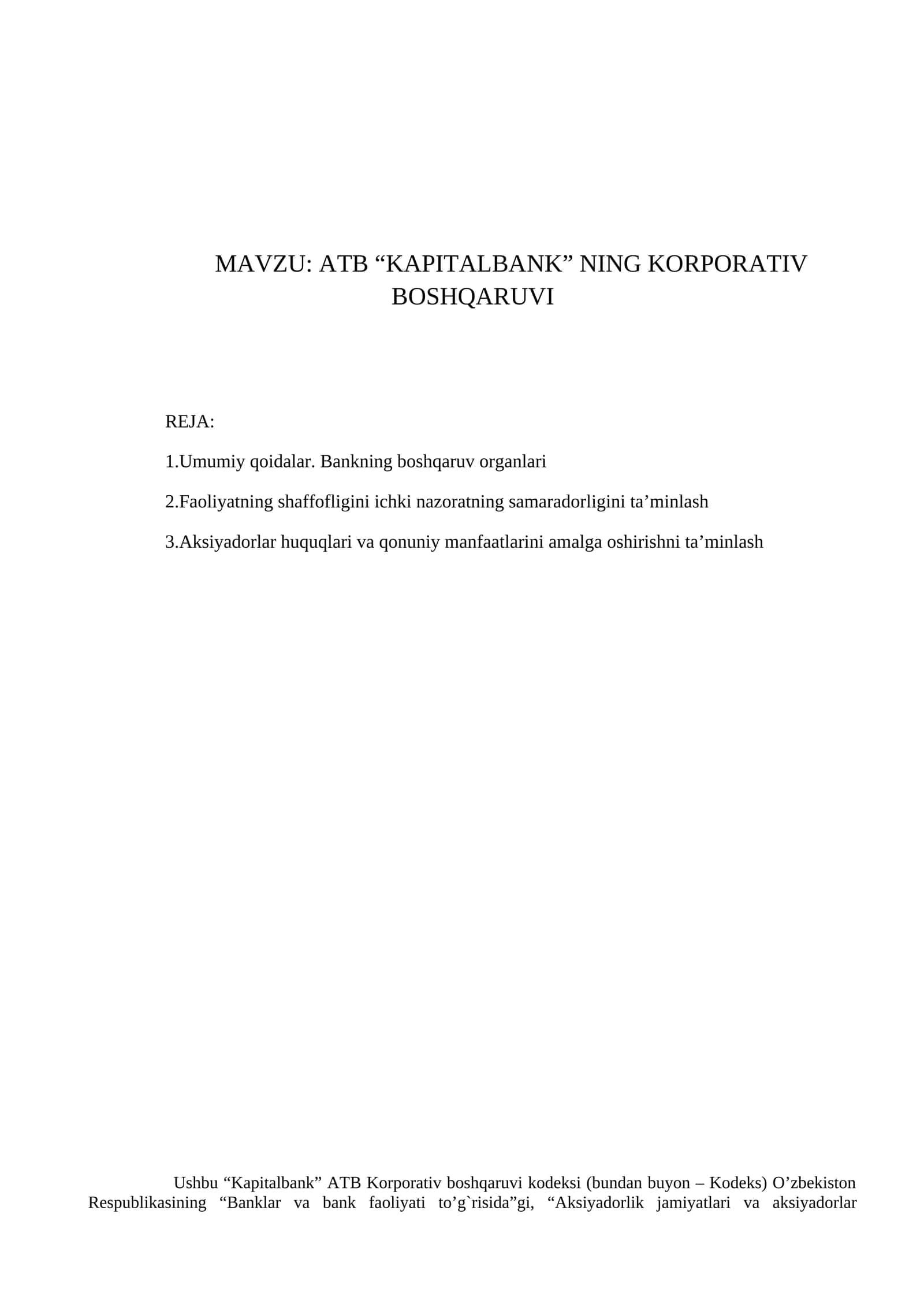 ATB “KAPITALBANK” NING KORPORATIV BOSHQARUVI