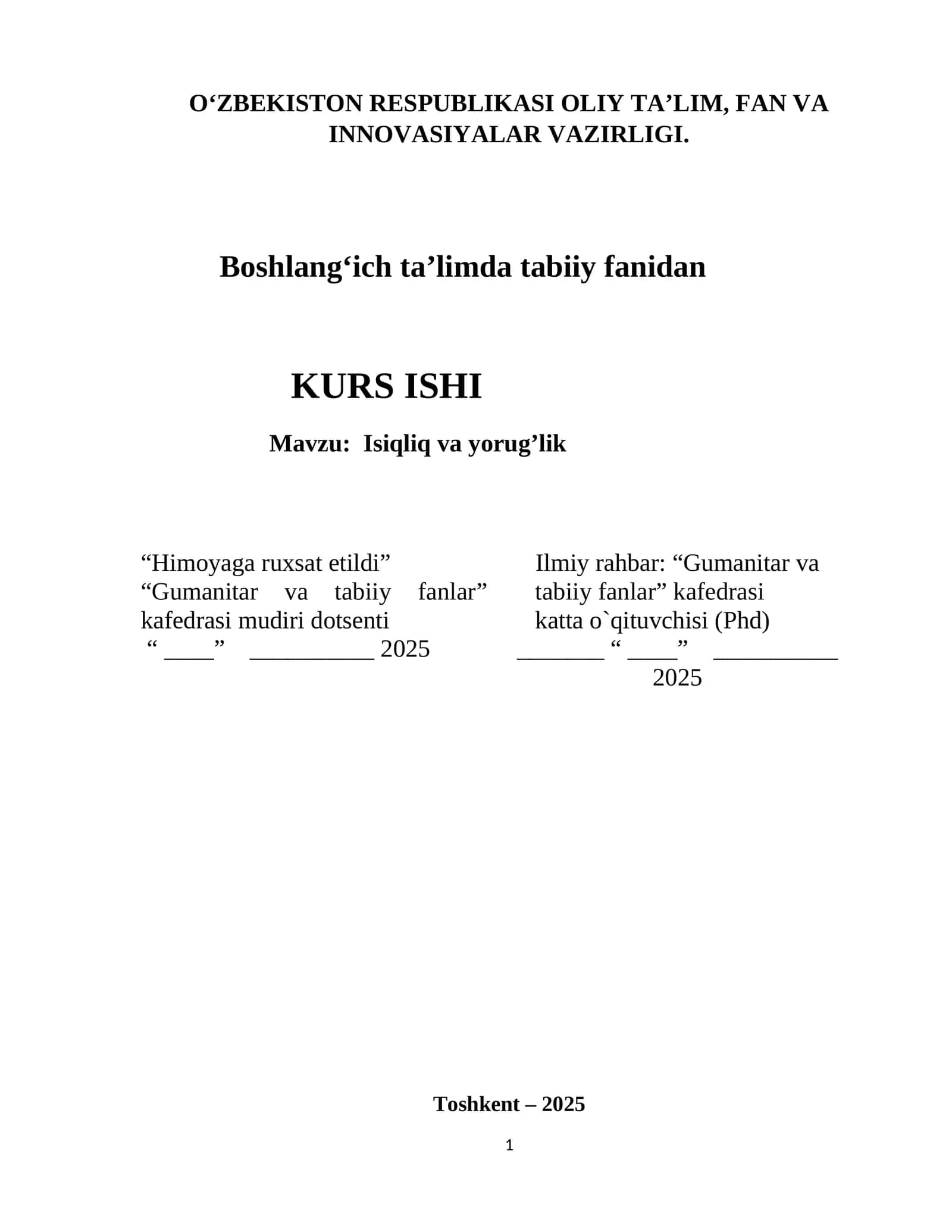 : Isiqliq va yorug’lik KUSR ISHI