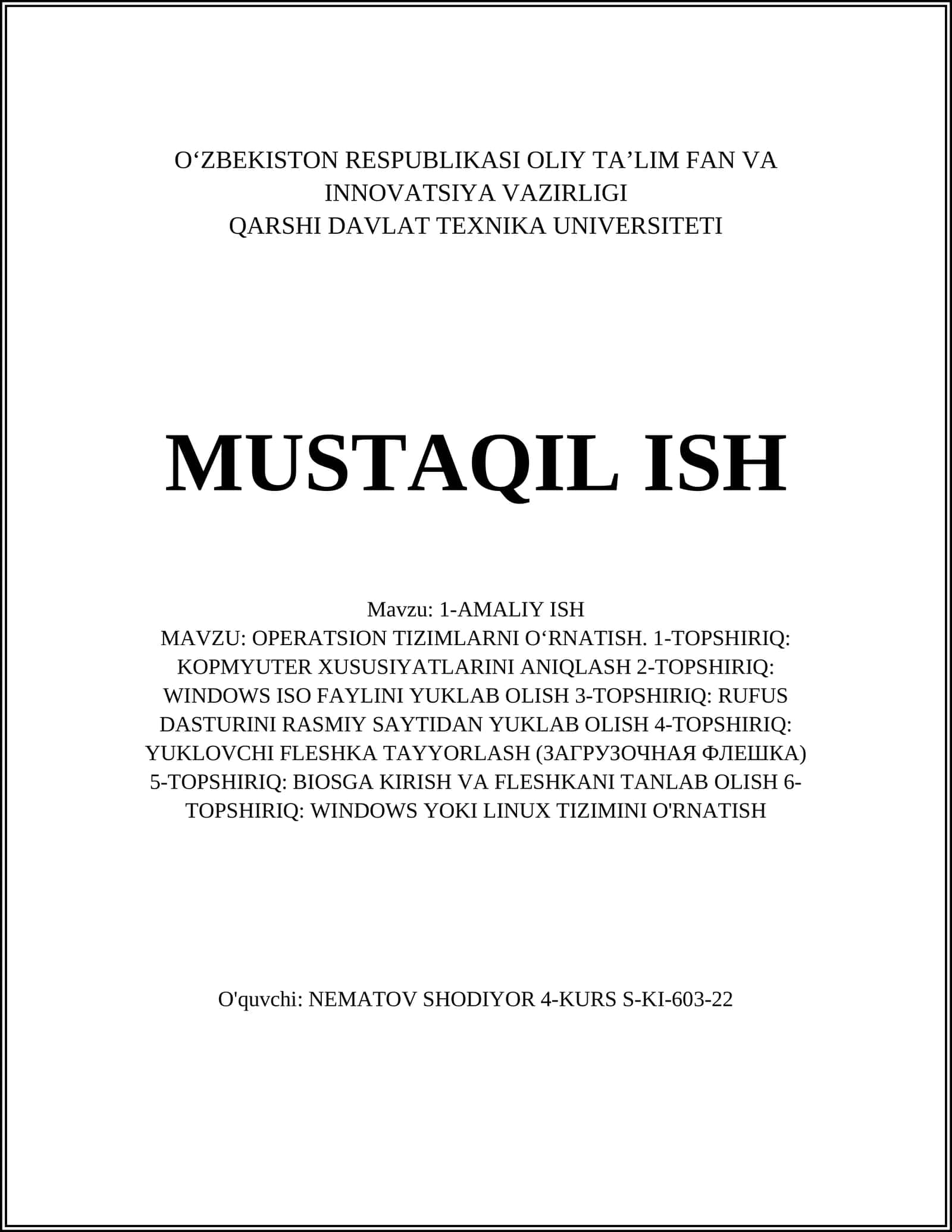 AMALIY ISH: OPERATSION TIZIMLARNI O‘RNATISH