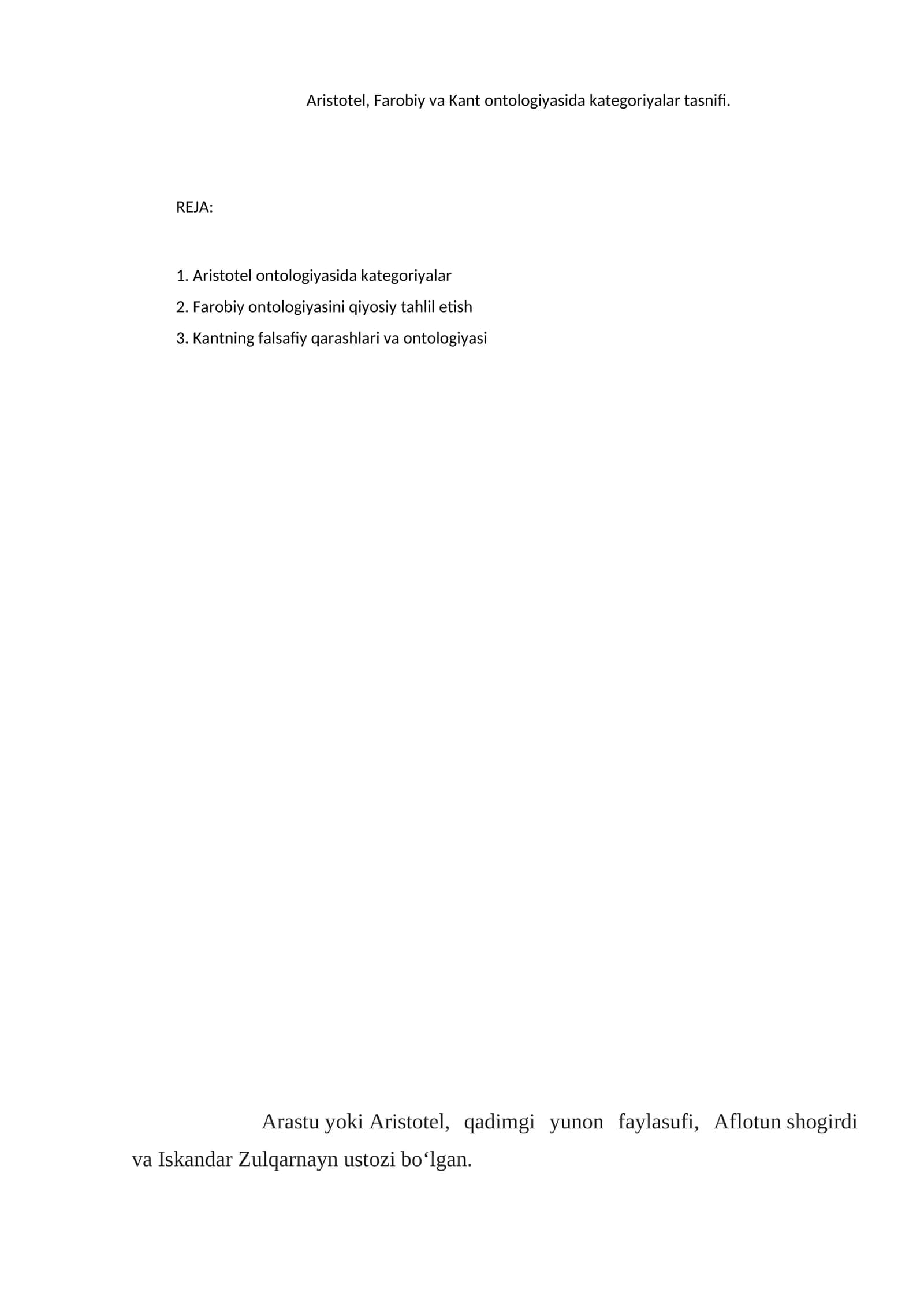 Aristotel, Farobiy va Kant ontologiyasida kategoriyalar tasnifi