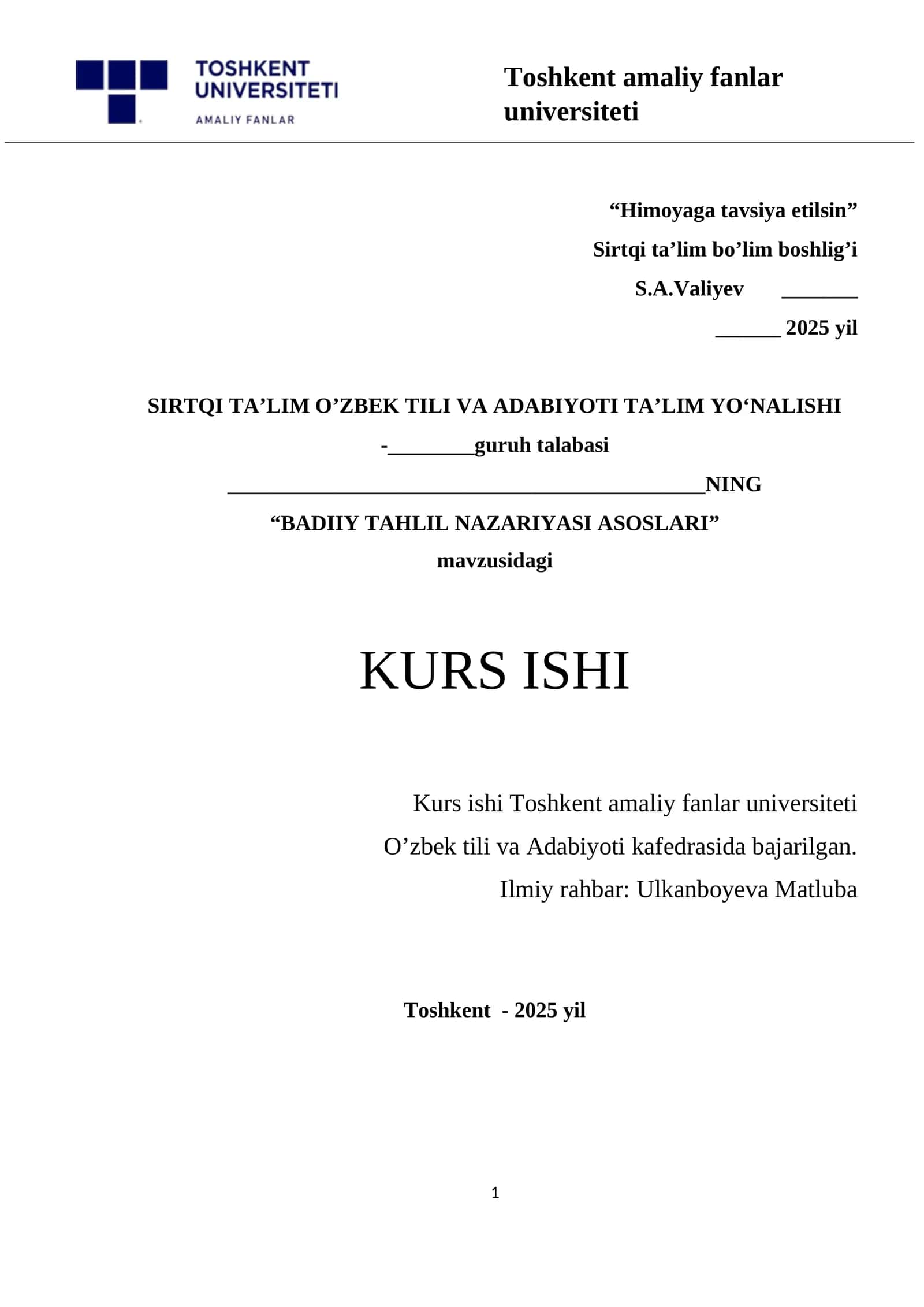 BADIIY TAHLIL NAZARIYASI KURS ISHI ONA  TILIDAN 1