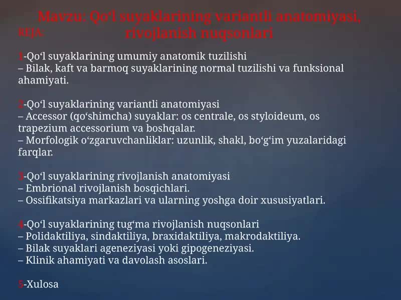 Qo‘l suyaklarining variantli anatomiyasi, rivojlanish nuqsonlari