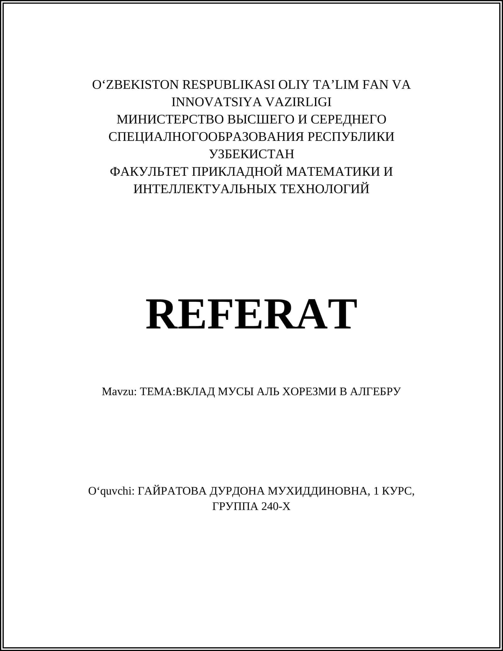 REFERAT TEMA:ВКЛАД МУСЫ АЛЬ ХОРЕЗМИ В АЛГЕБРУ