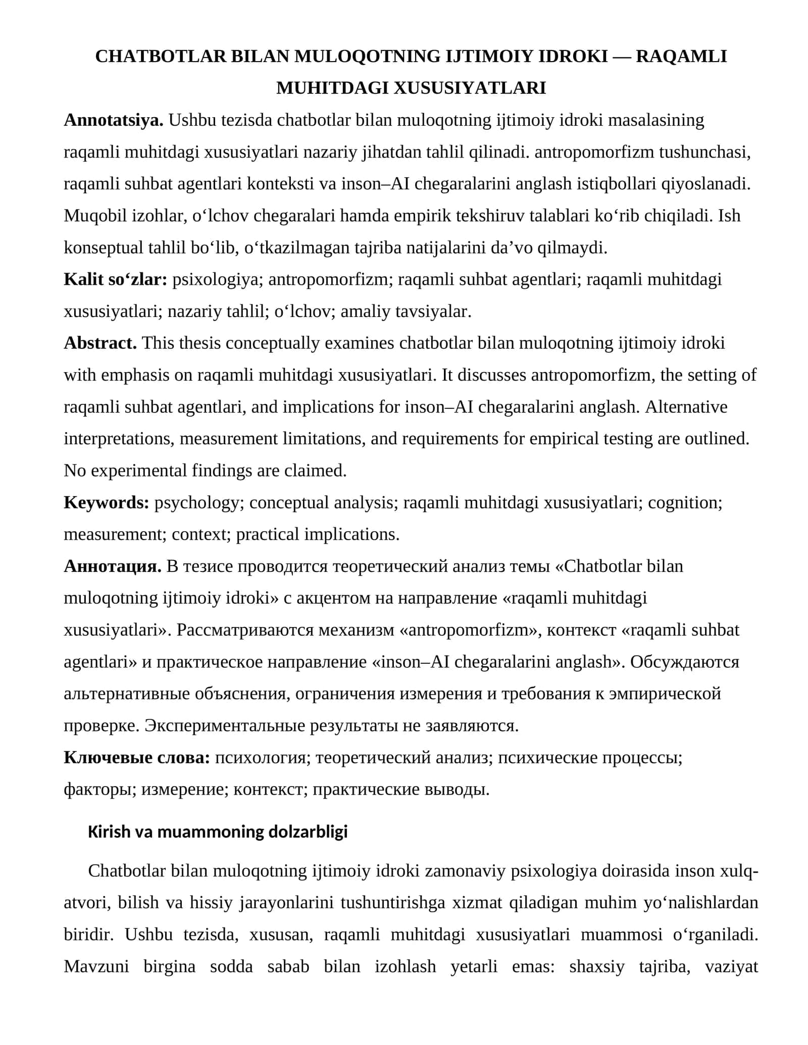 CHATBOTLAR BILAN MULOQOTNING IJTIMOIY IDROKI — RAQAMLI MUHITDAGI XUSUSIYATLARI