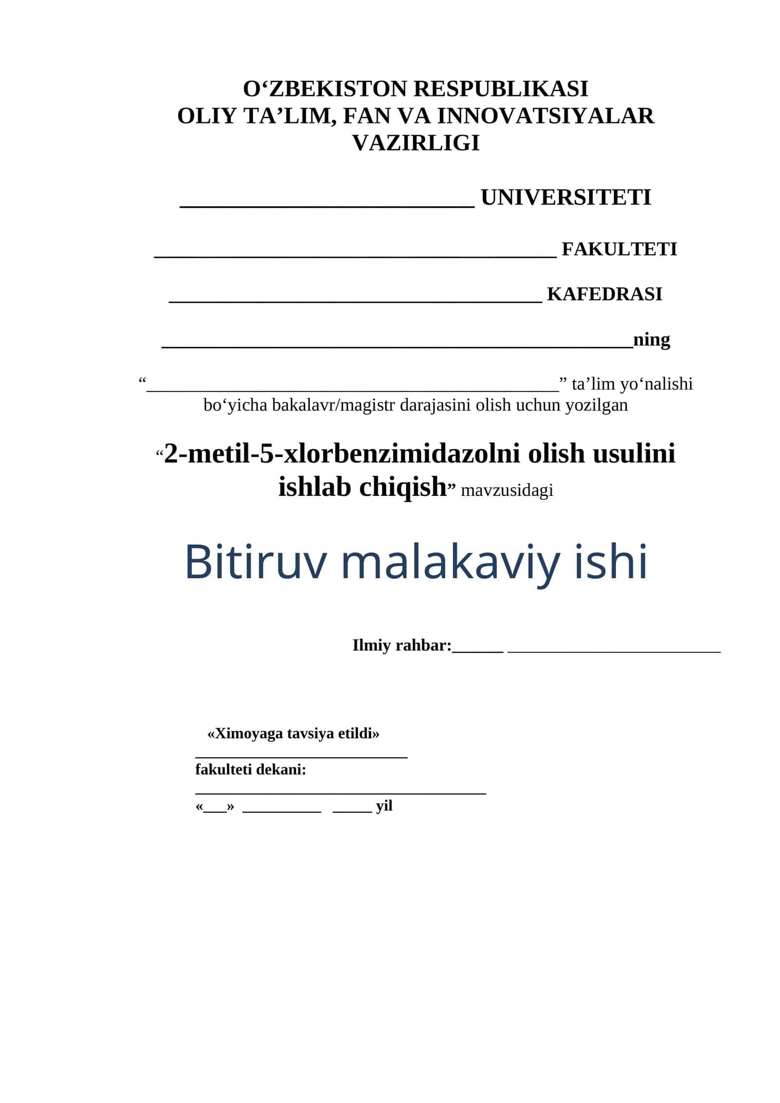 2-metil-5-xlorbenzimidazolni olish usulini ishlab chiqish