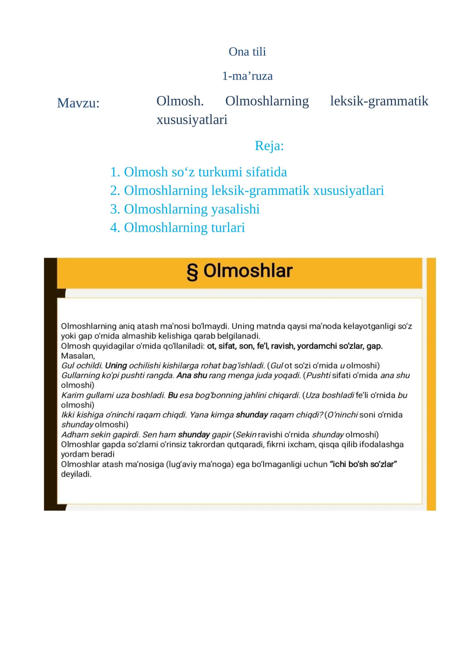 Olmosh. Olmoshlarning leksik-grammatik xususiyatlari
