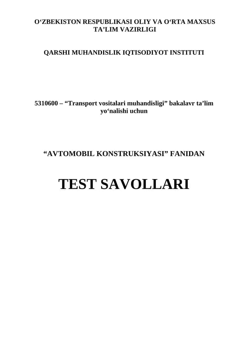 Avtomobil Konstruksiyasi Test Savollari