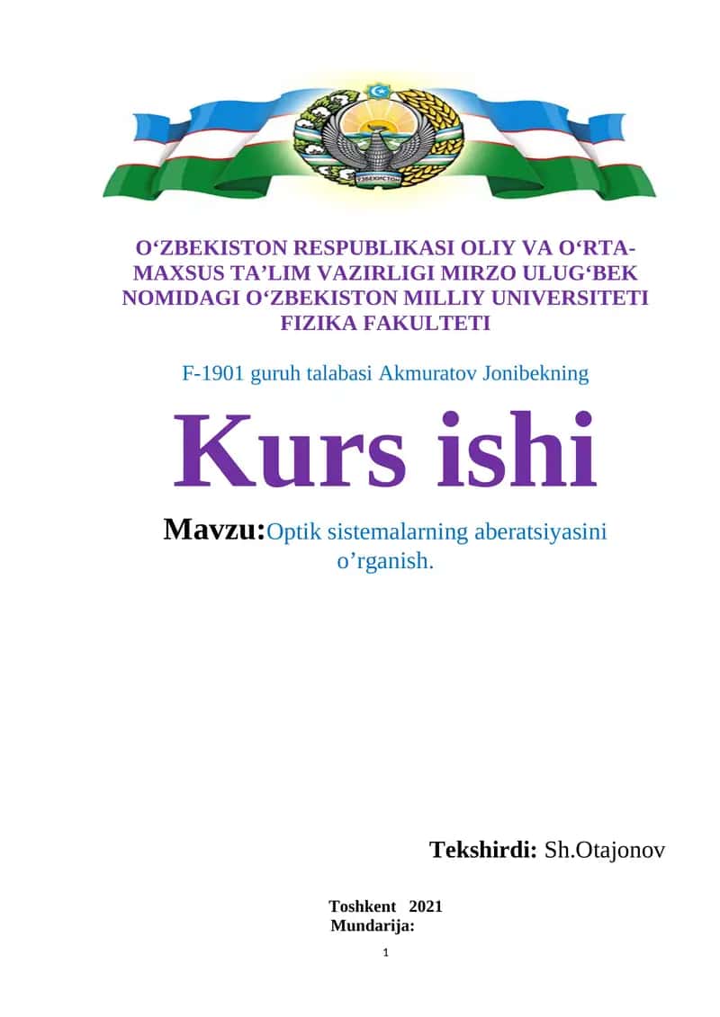 Optik sistemalarning aberatsiyasini o’rganish
