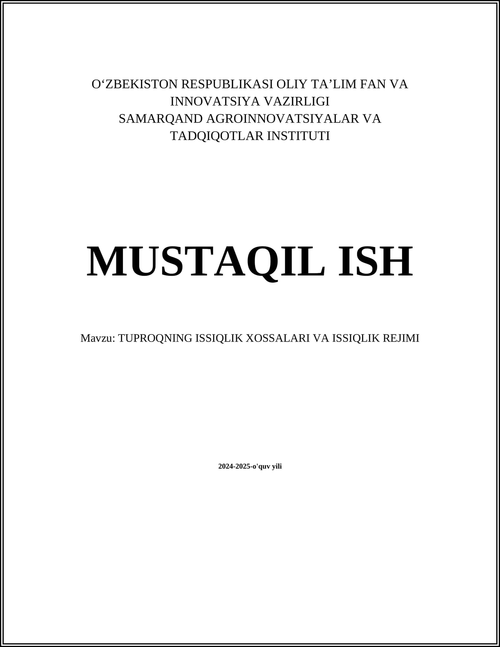 TUPROQNING ISSIQLIK XOSSALARI VA ISSIQLIK REJIMI