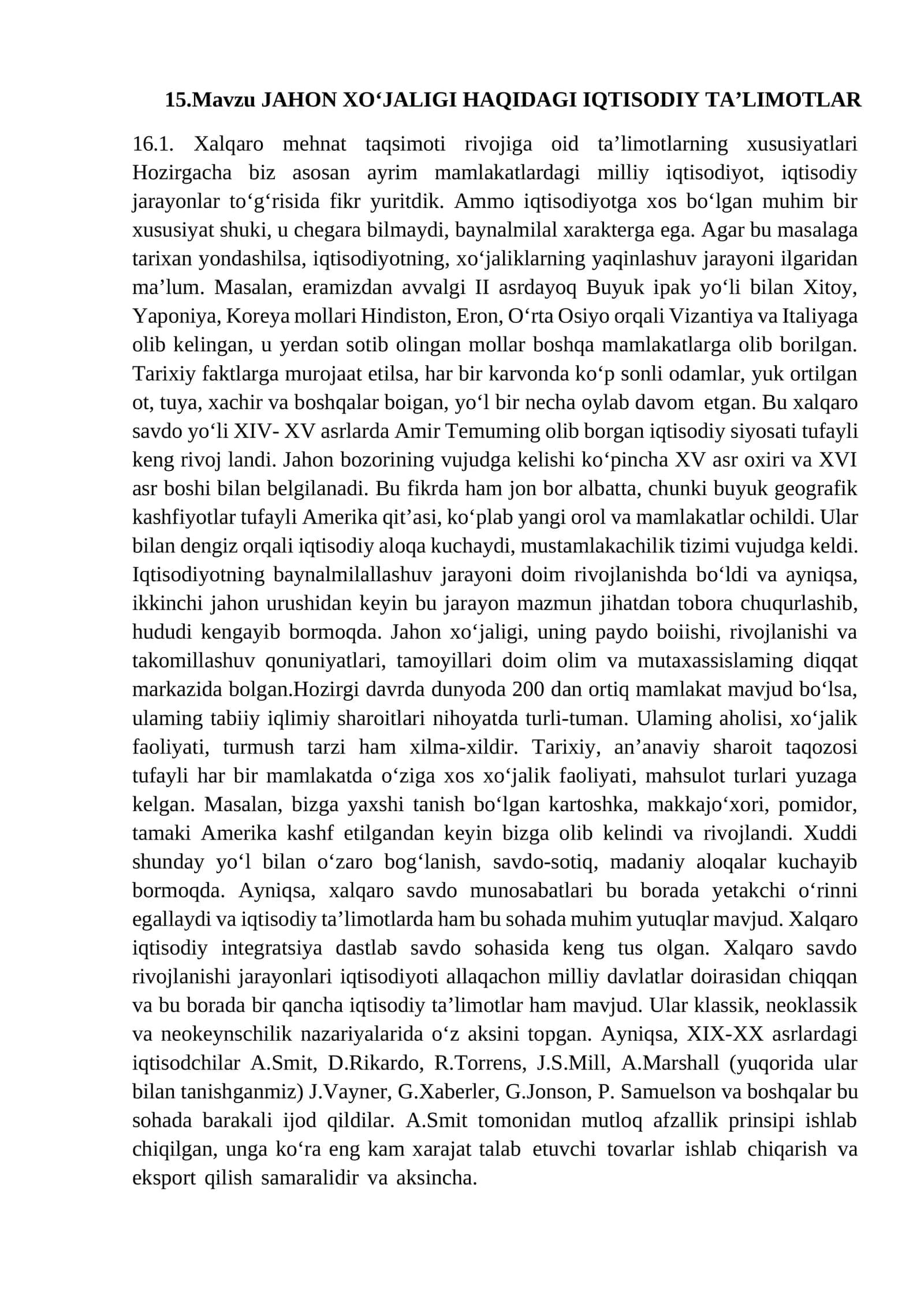 Jahon xo'jaligi haqidagi iqtisodiy ta'limotlar