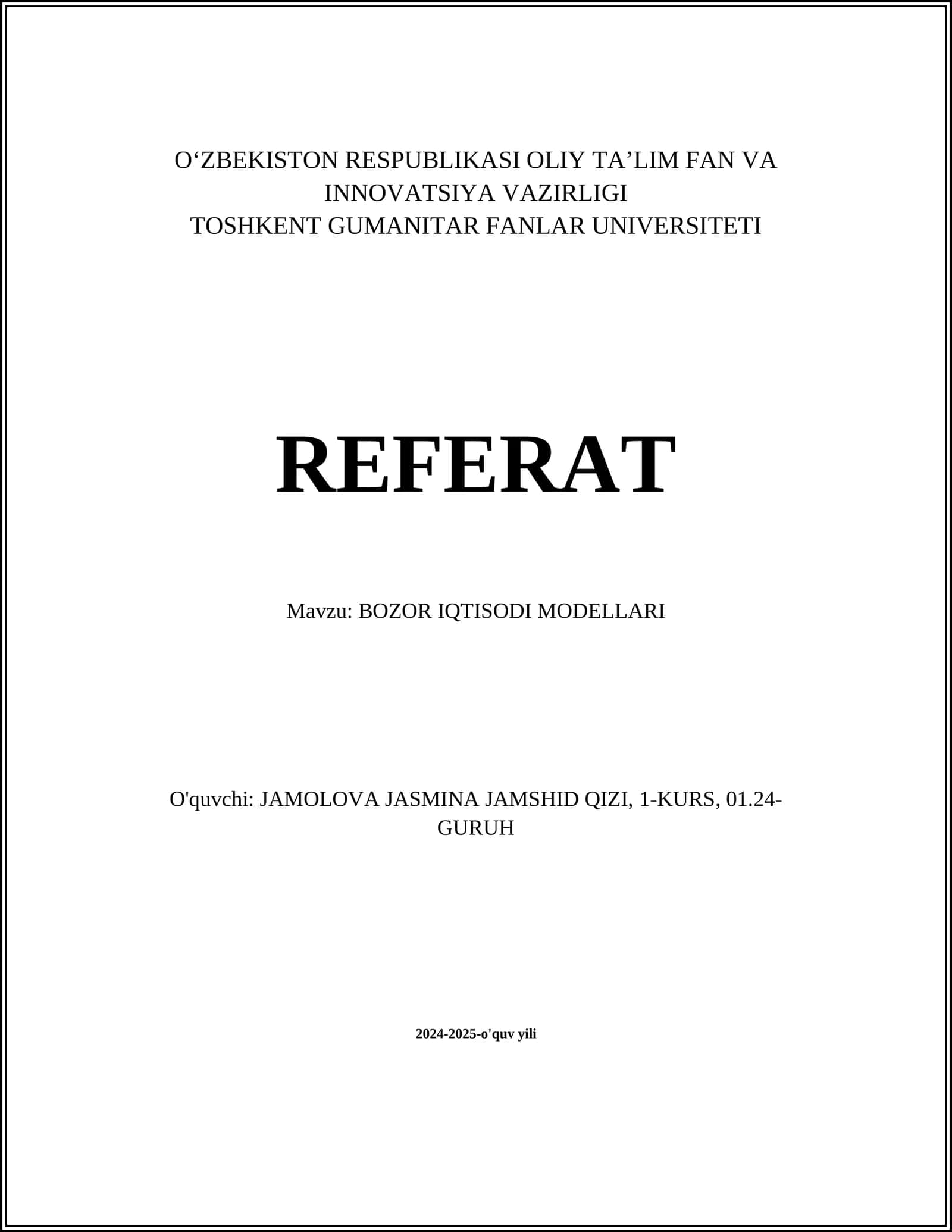BOZOR IQTISODI MODELLARI