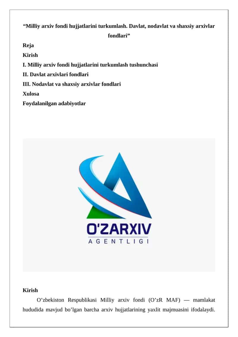 Milliy arxiv fondi hujjatlarini turkumlash