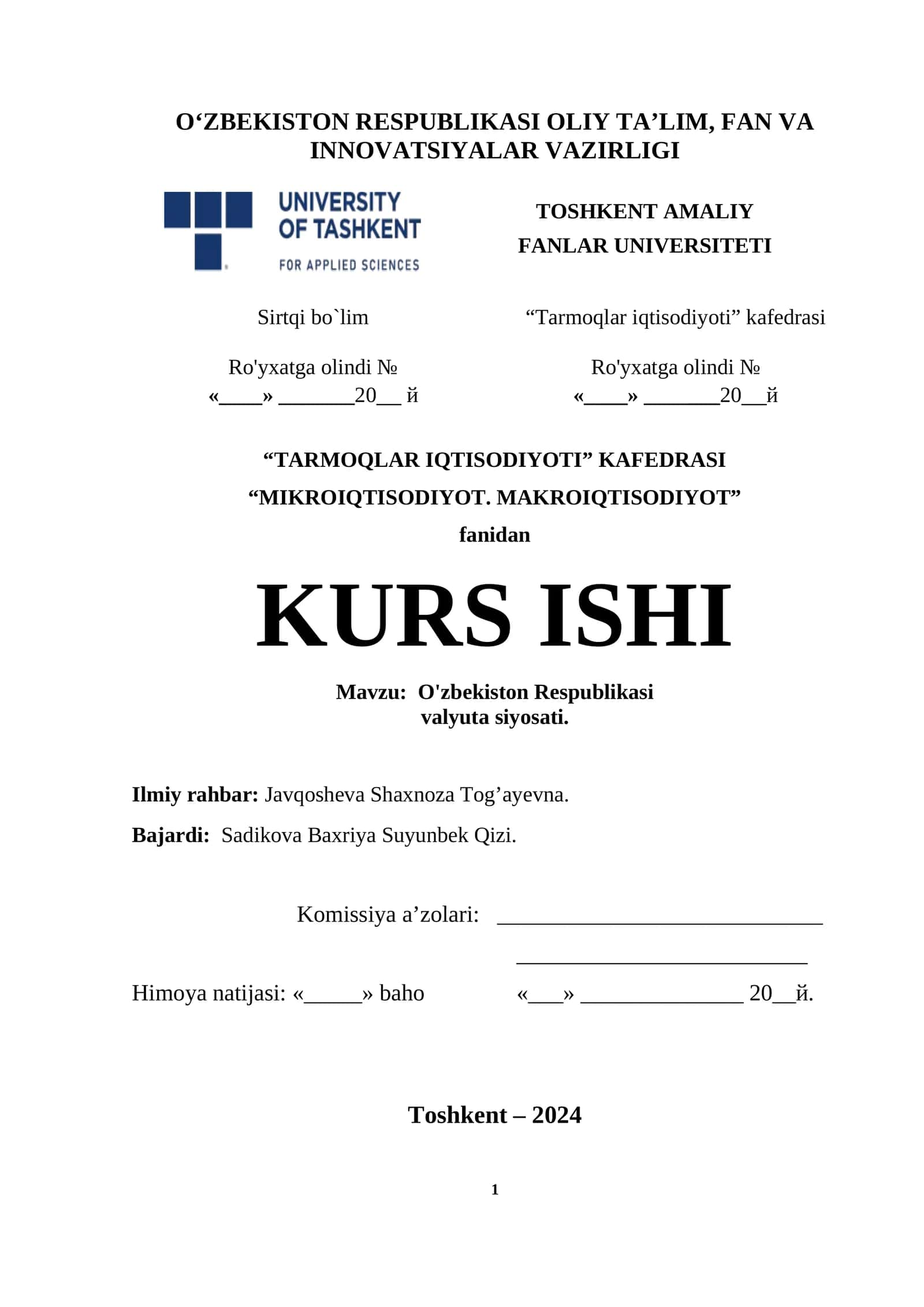 KURS ISHI, O'zbekiston Respublikasi valyuta siyosati