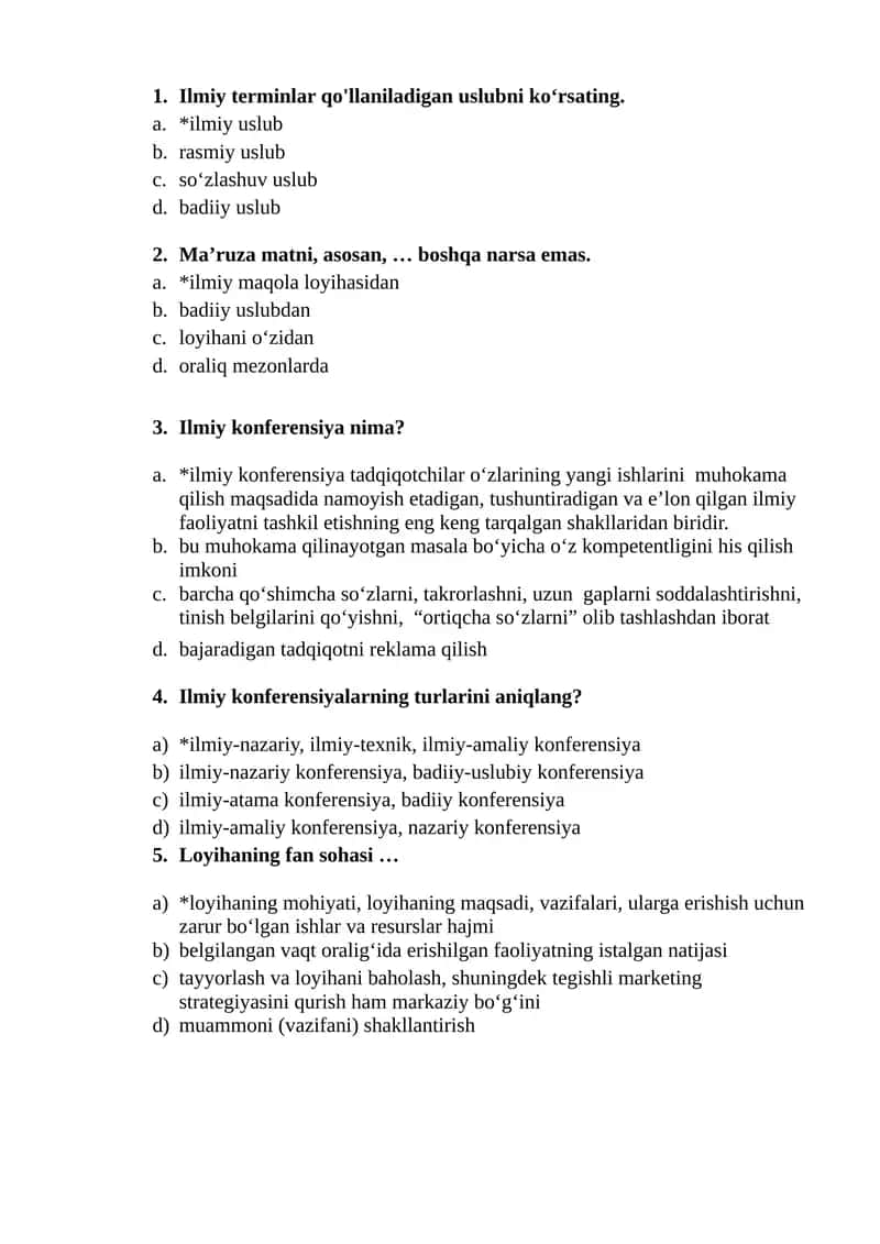 Akademik yozuv fanidan "LOYIHA. Loyiha tavsifi" mavzusida test savollari (javoblari bilan)