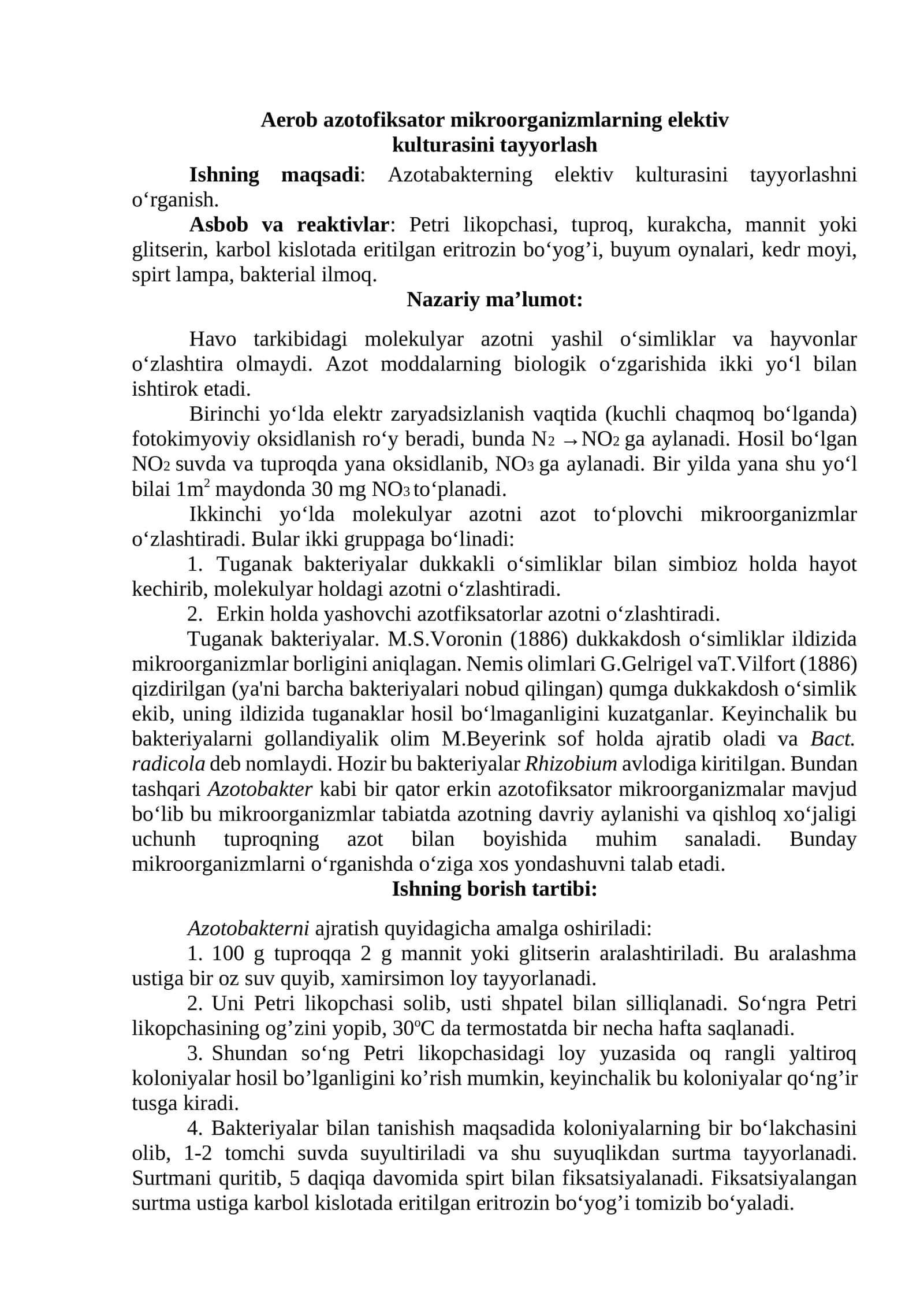 Aerob azotofiksator mikroorganizmlarning elektiv kulturasini tayyorlash