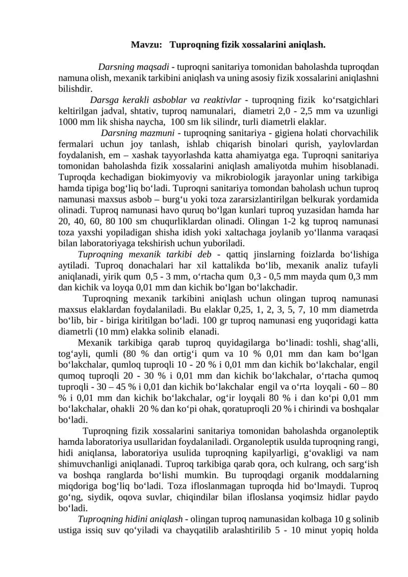 Tuproqning fizik xossalarini aniqlash