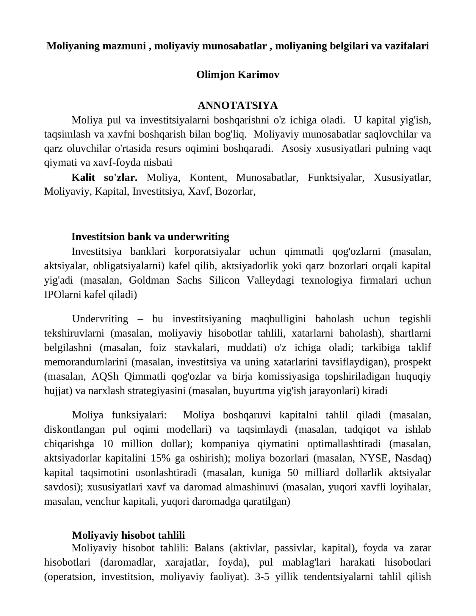 Investitsion bank va underwriting
