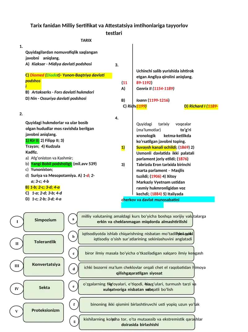 Milliy sertifikat tarix fanidan testlar javoblari