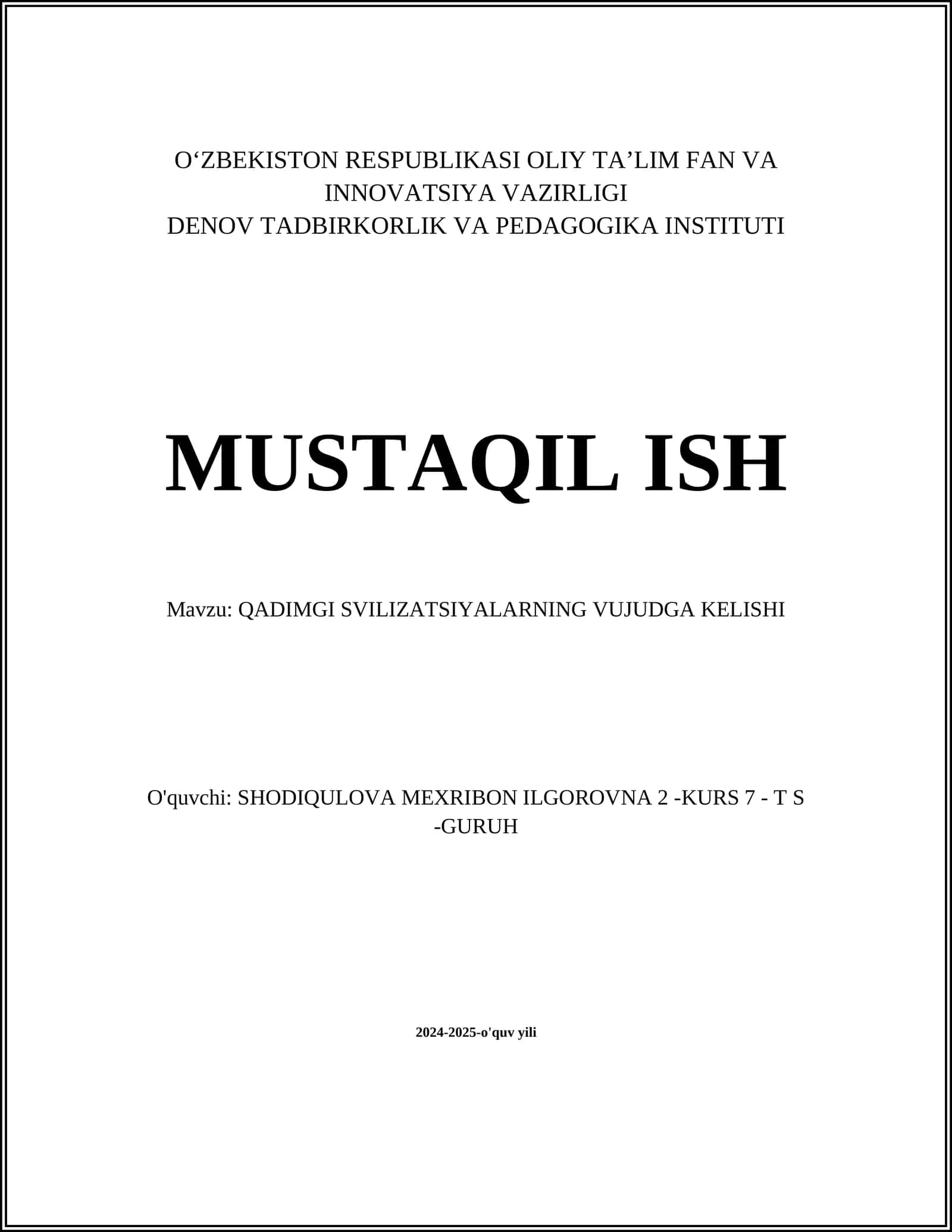 QADIMGI SVILIZATSIYALARNING VUJUDGA KELISHI