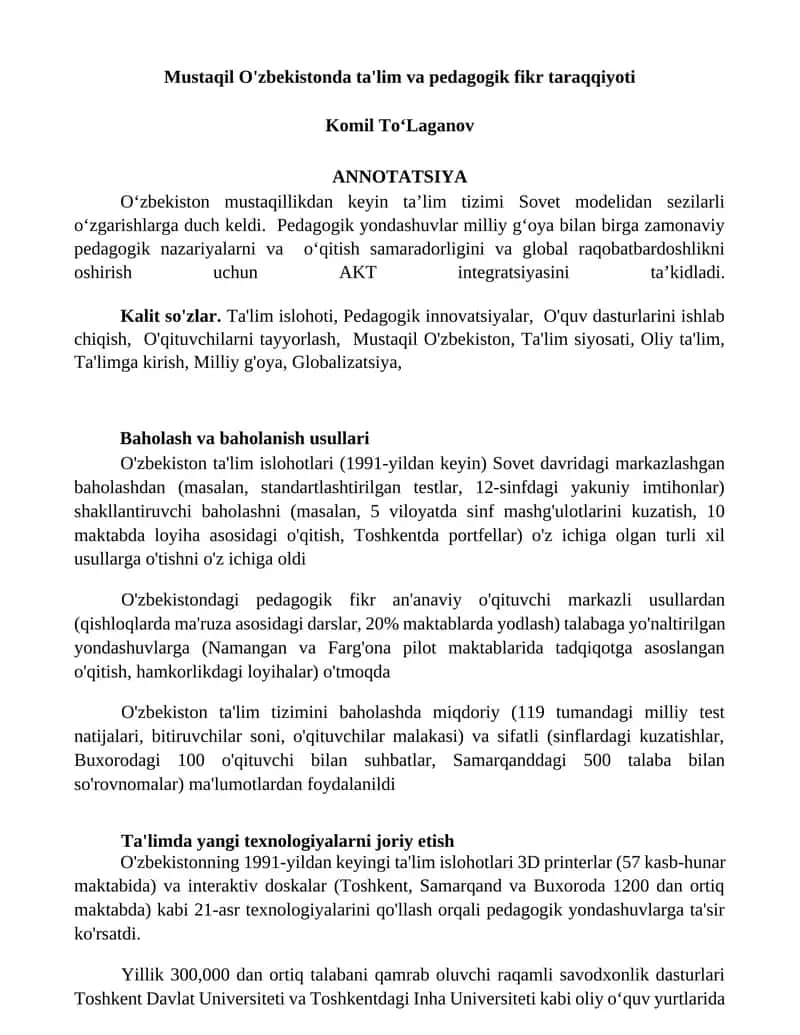 Mustaqil O'zbekistonda ta'lim va pedagogik fikr taraqqiyoti
