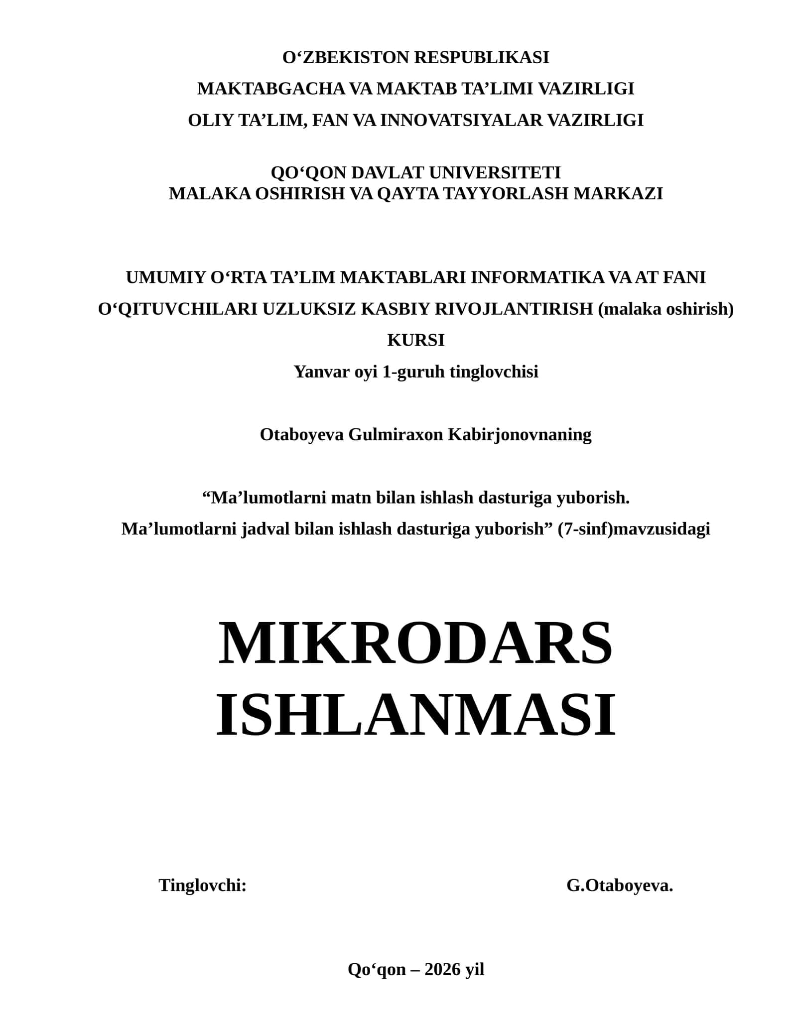 MIKRODARS ISHLANMASI