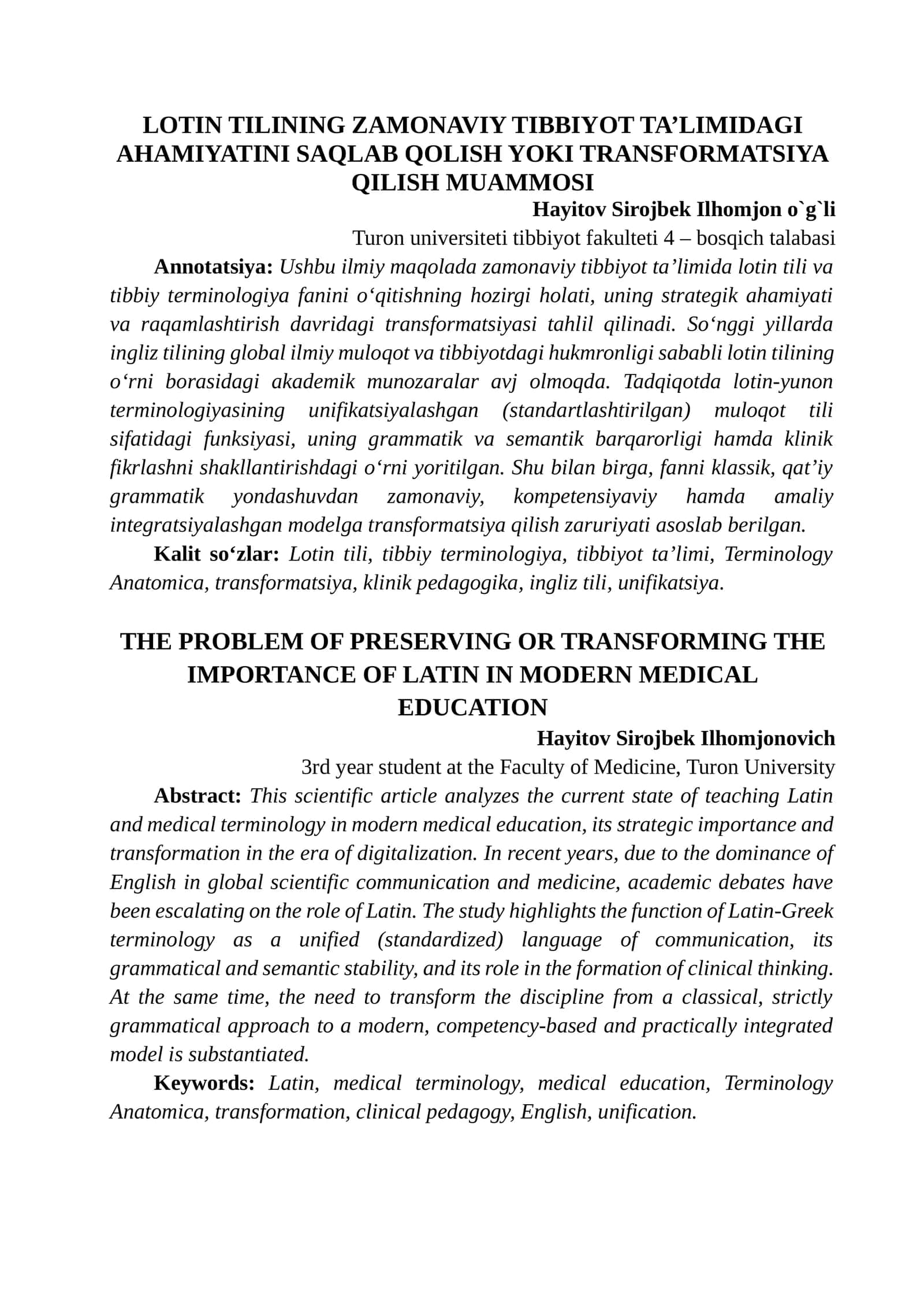 LOTIN TILINING ZAMONAVIY TIBBIYOT TA’LIMIDAGI AHAMIYATINI SAQLAB QOLISH YOKI TRANSFORMATSIYA QILISH MUAMMOSI
