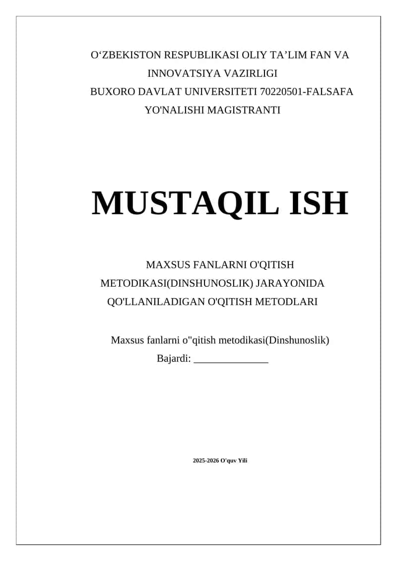 Maxsus fanlarni o'qitish metodikasi(Dinshunoslik)