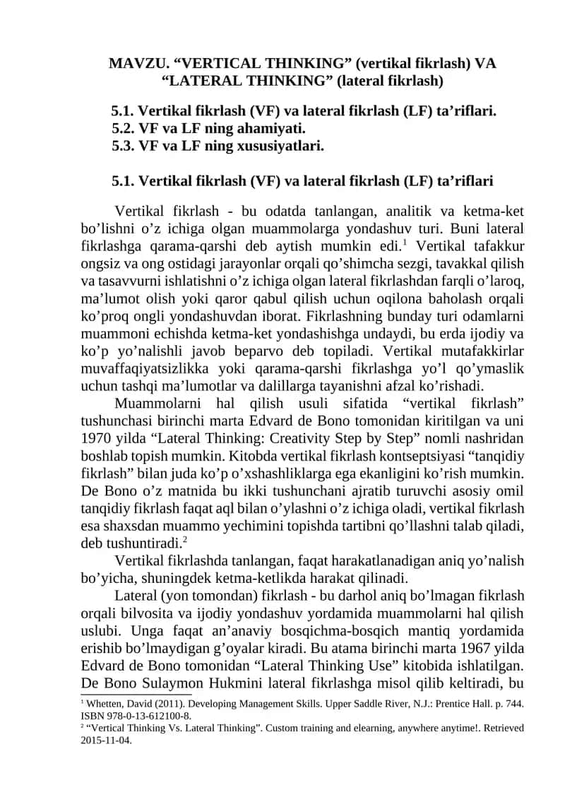 "VERTICAL THINKING" (vertikal fikrlash) VA "LATERAL THINKING" (lateral fikrlash)