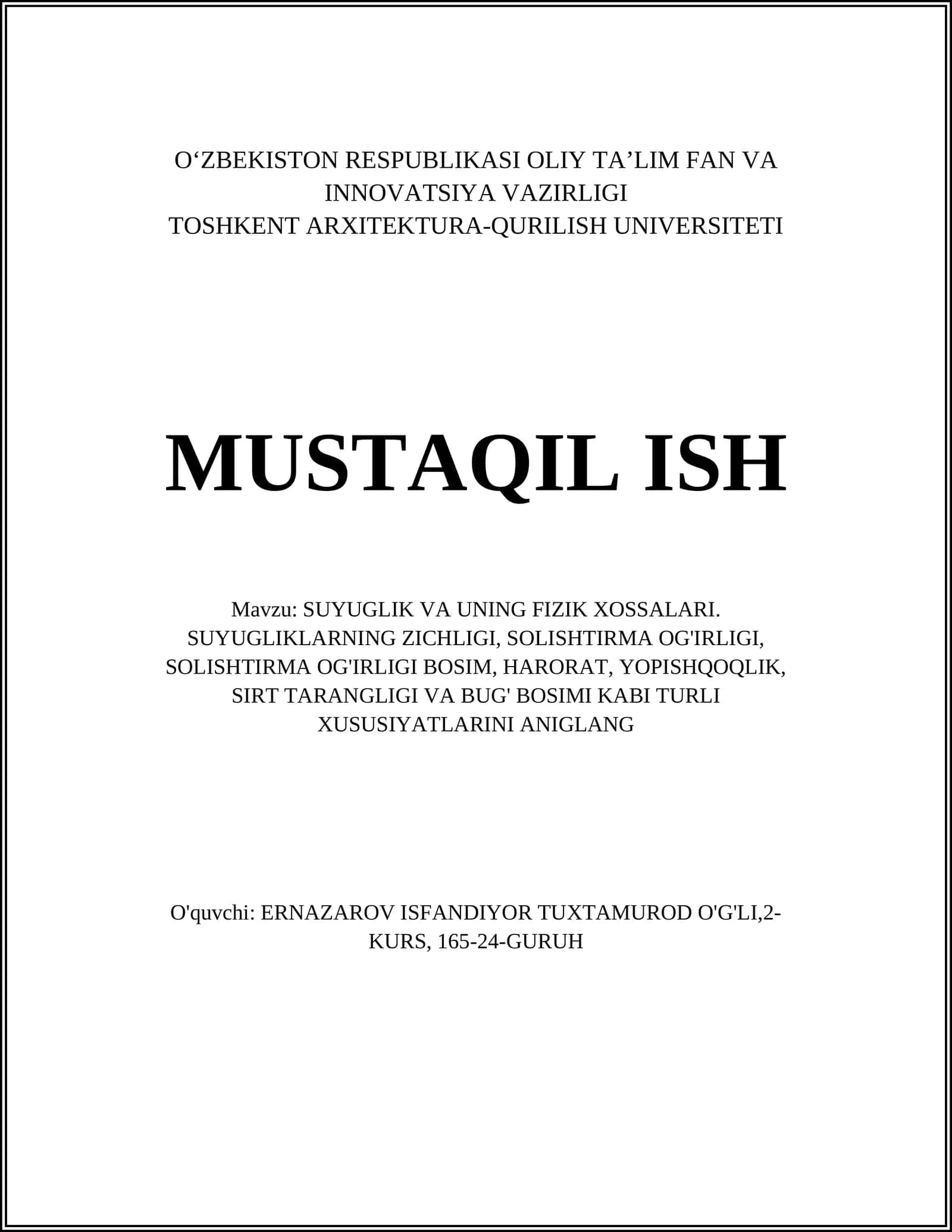 SUYUGLIK VA UNING FIZIK XOSSALARI