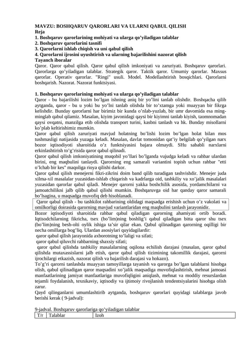 BOSHQARUV QARORLARI VA ULARNI QABUL QILISH