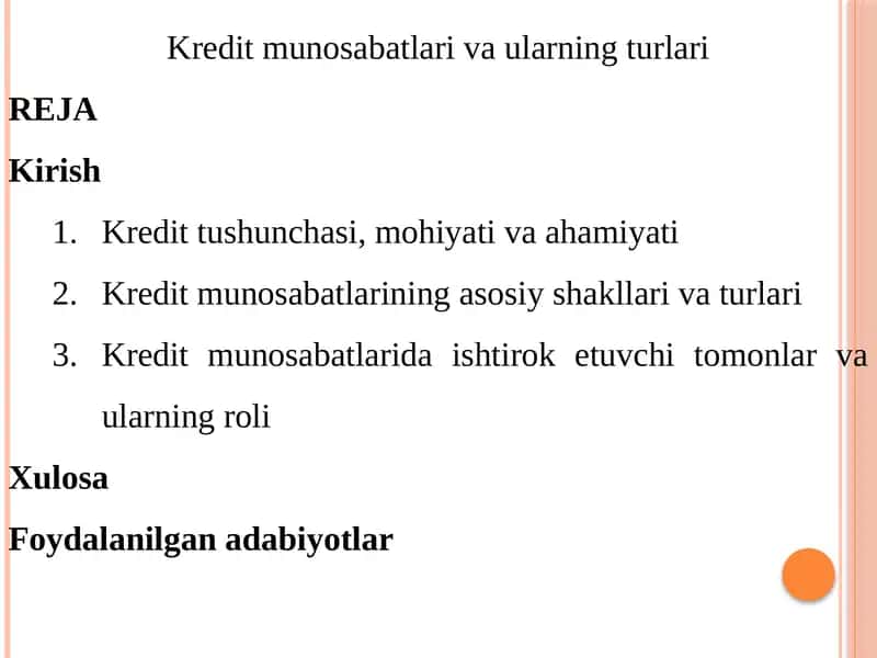 Kredit munosabatlari va ularning turlari