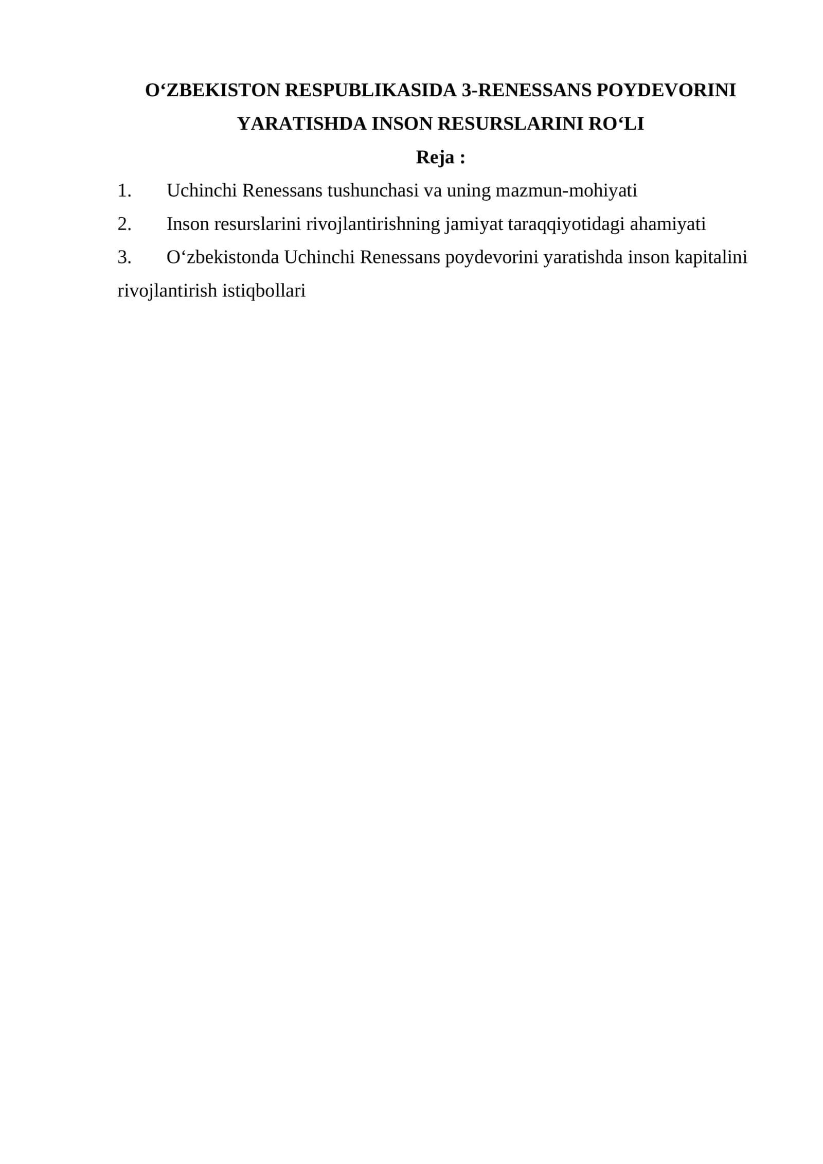 Oʻzbekistonda Uchinchi Renessans Poyevorini Yaratish