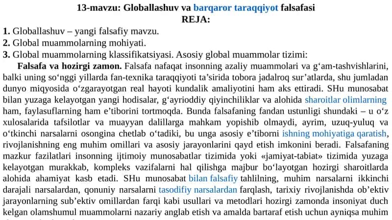 Globallashuv va barqaror ta'rqqiyot falsafasi