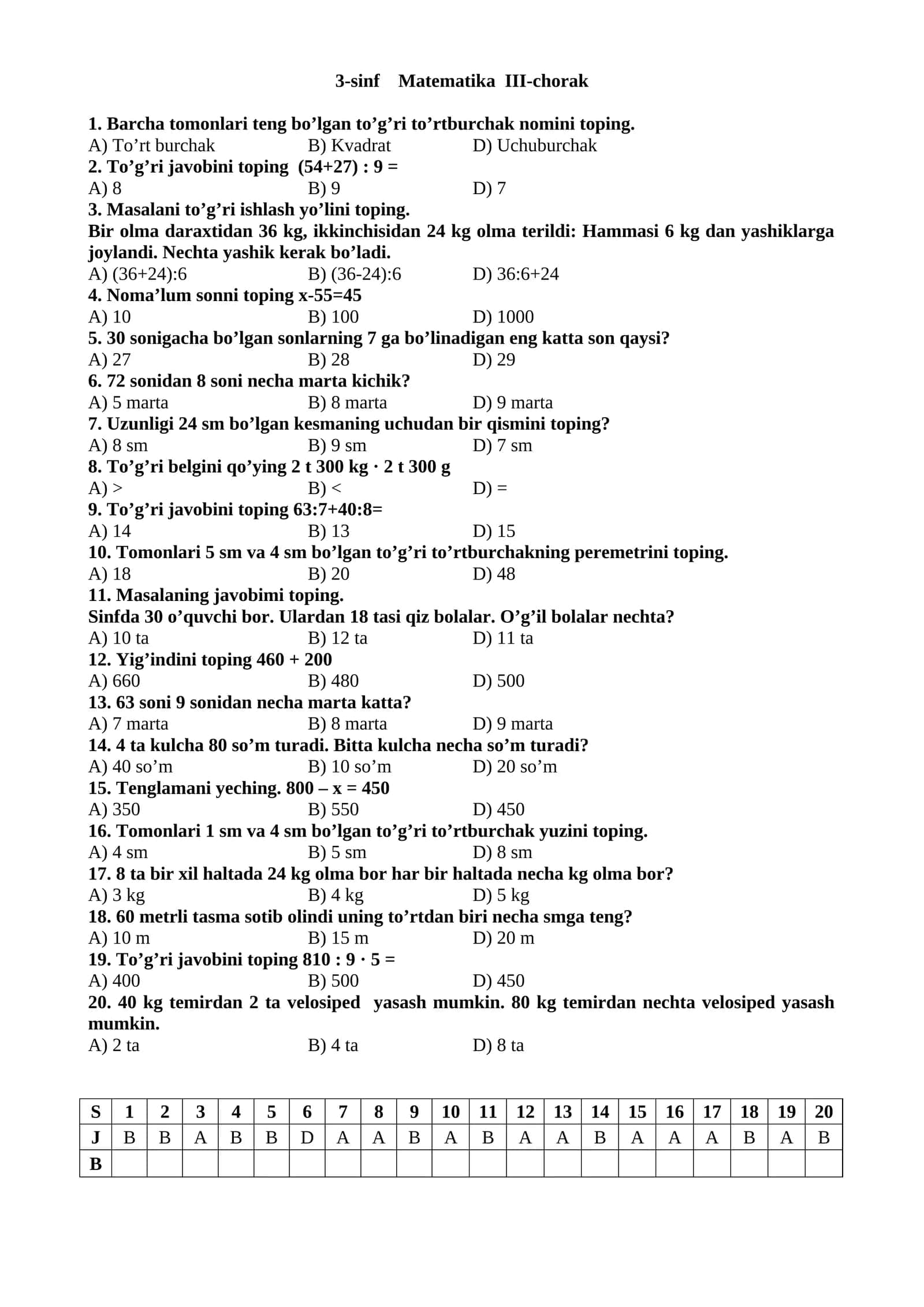 Matematika choraklik testlar 2-3-5-7 sinflar uchun