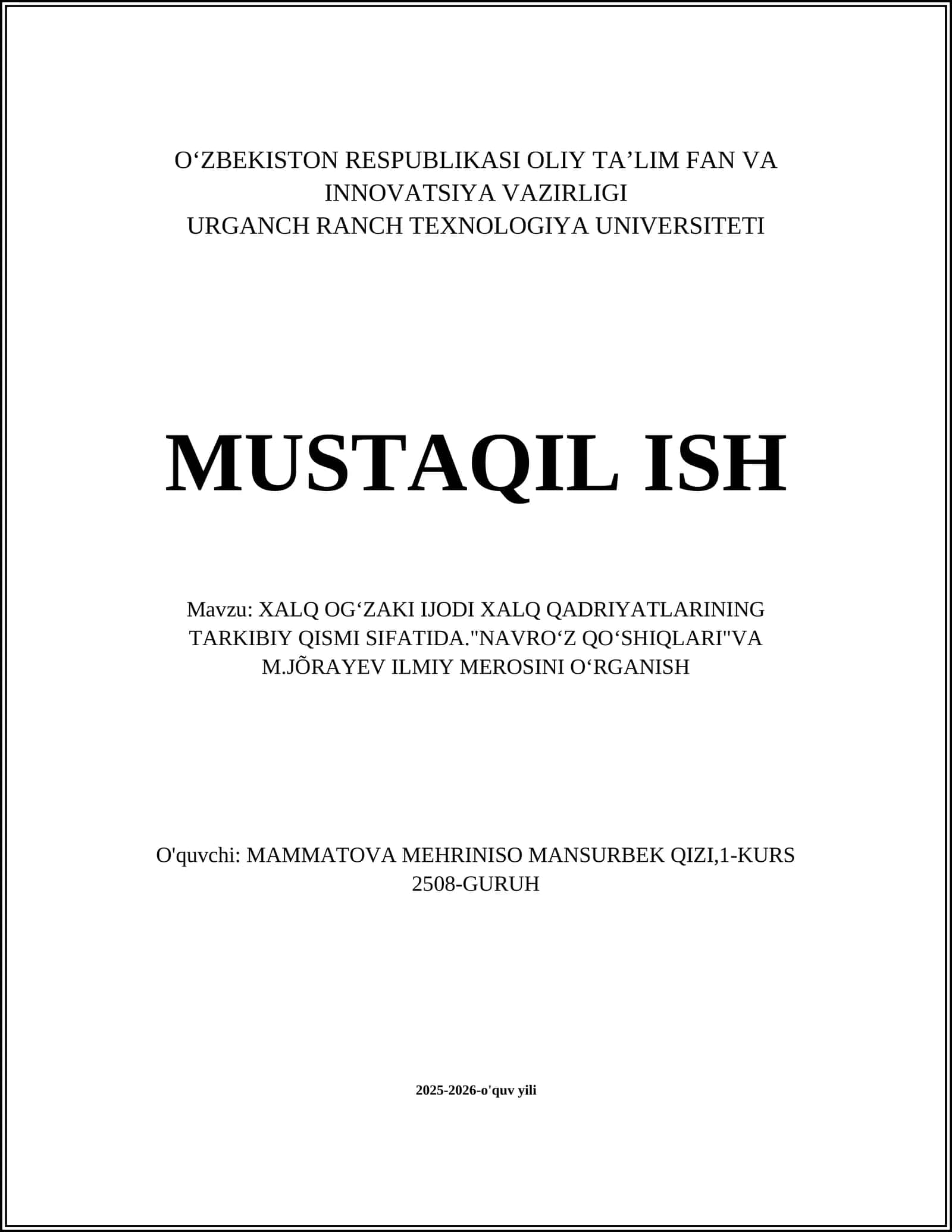 "NAVROʻZ QOʻSHIQLARI"VA M.JÕRAYEV ILMIY MEROSINI OʻRGANISH