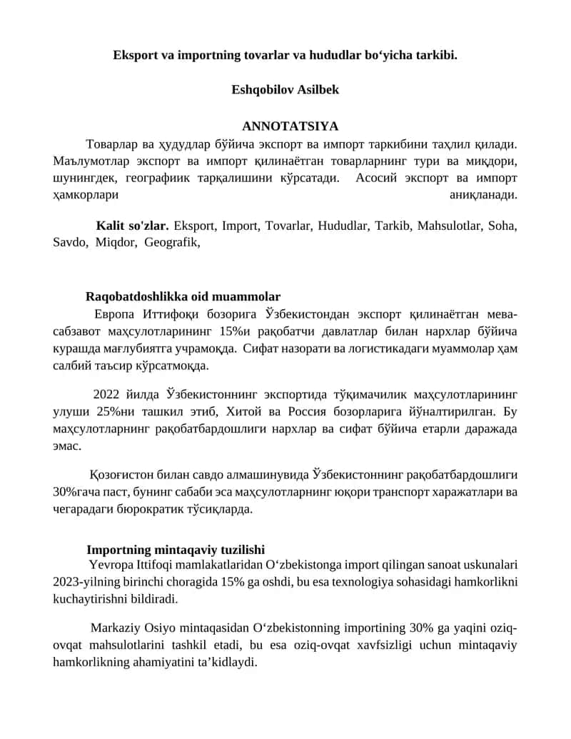 Eksport va importning tovarlar va hududlar bo‘yicha tarkibi